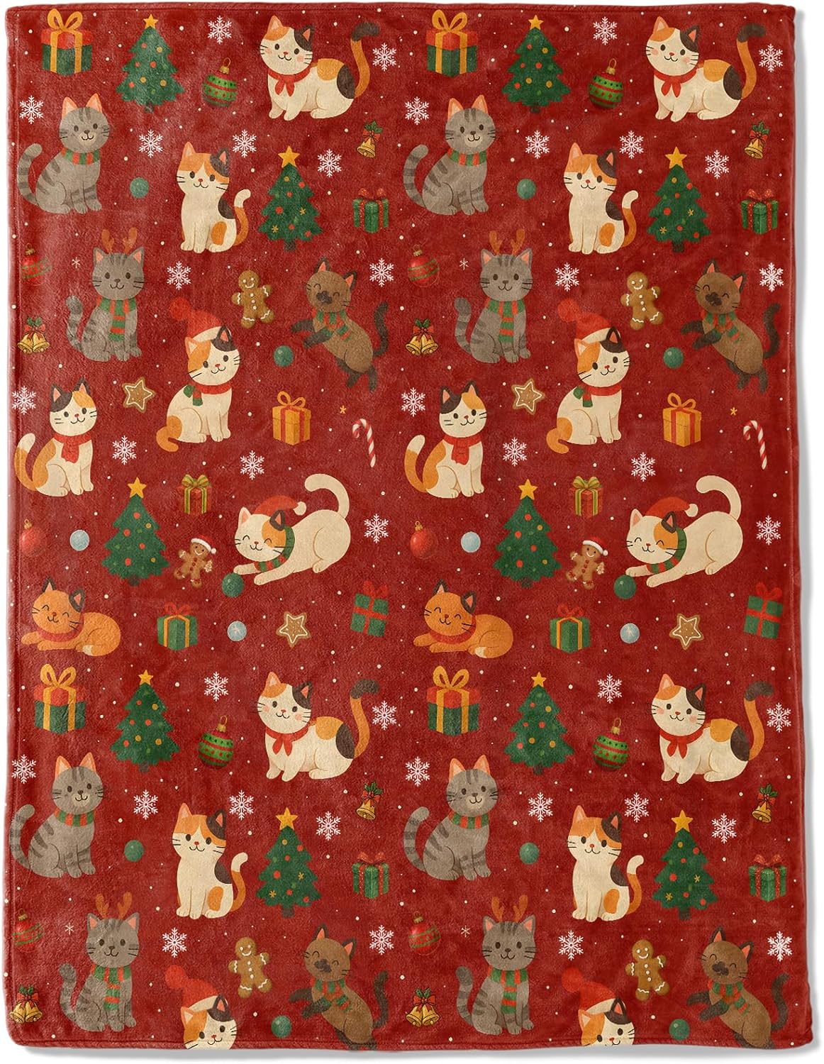 Cat Christmas Decorative Throw Blanket, Kitten Tree Gingerbread Snowflake Print Decoration, Soft Flannel Winter Blankets for Couch Bed Sofa, Holiday Home Decor, Xmas Festival Gifts 50x60 Inch
