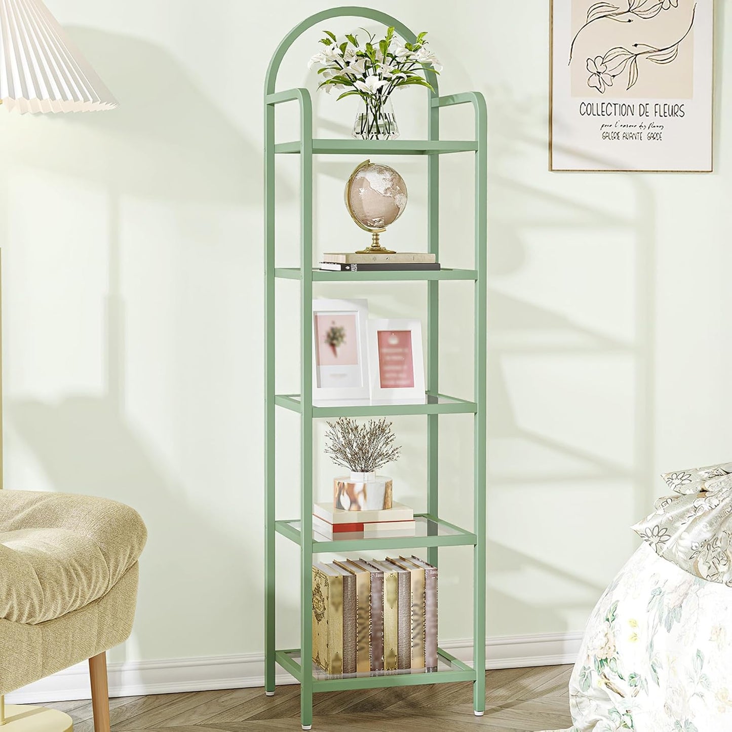 Bookcase Bookshelf, Tempered Glass Bookshelves, Slim Shelving Unit for Bedroom, Bathroom, Home Office, Steel Frame, 5 Tier Green BC05099C