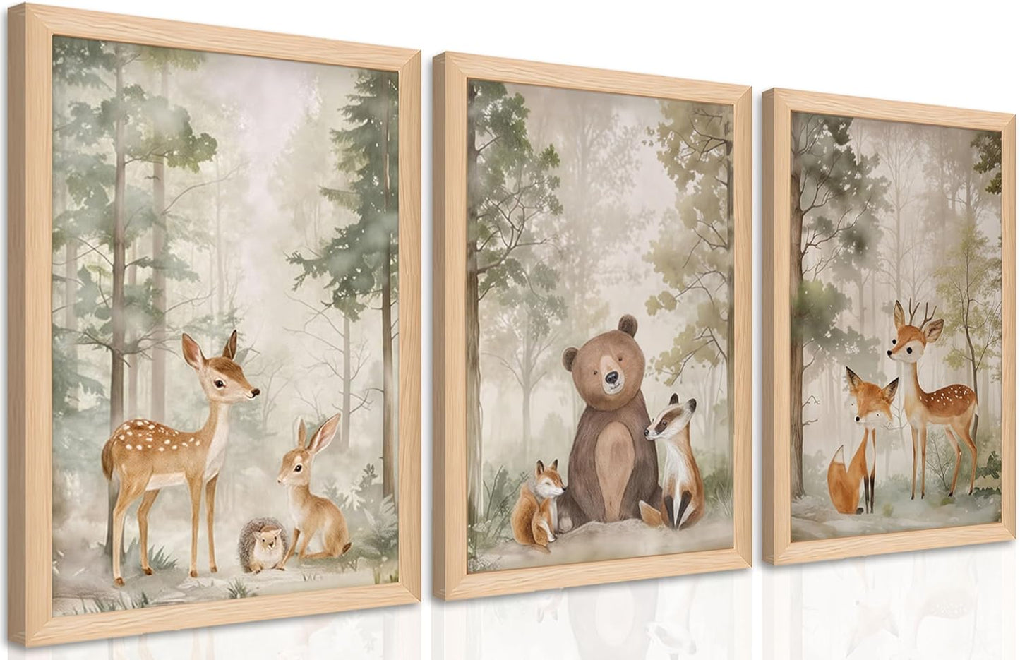 Framed Woodland Wall Art Set of 3, Wild Animals Nursery Wall Decor, Cute Bear Fox Deer Watercolor Canvas, Forest Animal Pictures Print for Baby Room Decor Home Decoration – 12X16 inch