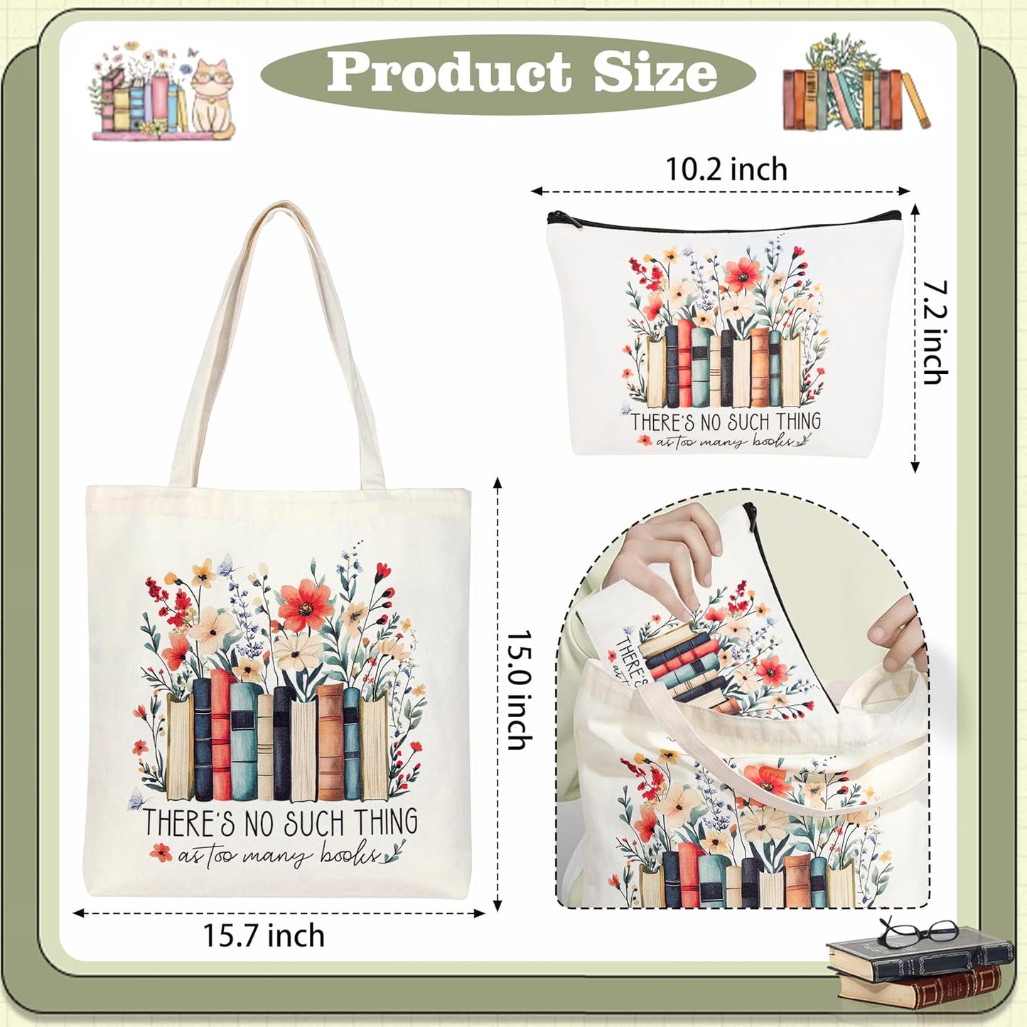 Book Lover Gifts for Women Christmas, Thanksgiving, Birthday Gifts for Book Lovers Women Cute Canvas Tote Bag Makeup Bag - Reading Accessories, Librarian, Bookish, Readers