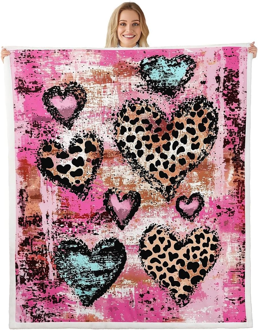 Feelyou Leopard Sherpa Blanket Boys Girls Twin 60"x80" Cheetah Fleece Throw Blanket for Kids Women Men Cute Love Heart Plush Blanket Animal Print Fuzzy Blanket Safari Flannal Blanket