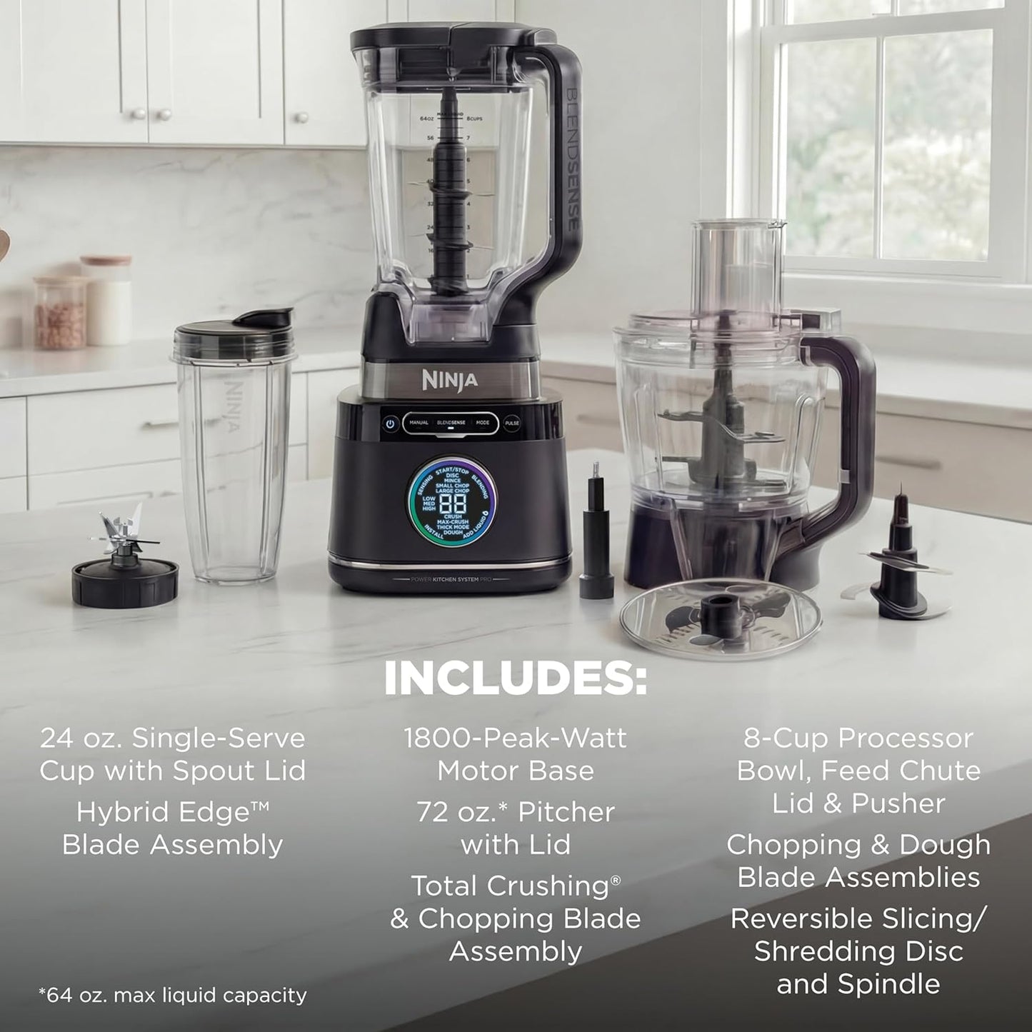 Ninja Kitchen System | All-in-One Food Processor & Blender | 8-Cup Bowl & (1) 24 oz. To-Go Cup BlendSense Tech | For Smoothies, Cookie Dough, Salsas, Cole Slaw & More | 1800 Peak Watt | Black | TB401