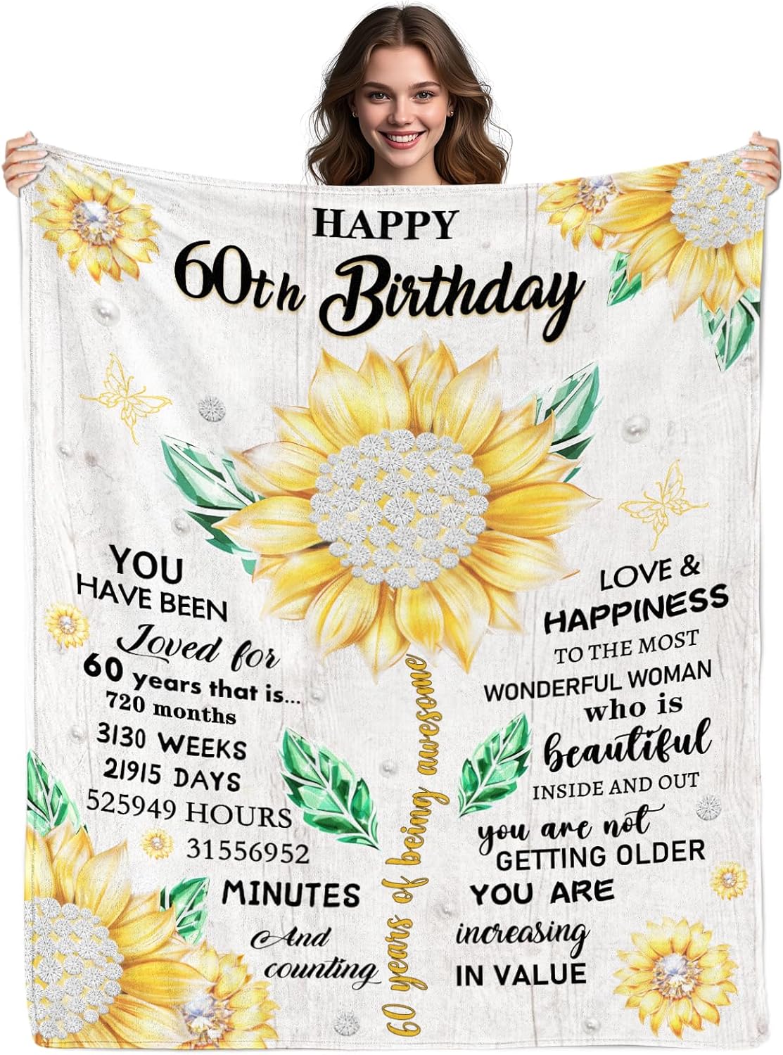 60th Birthday Gifts for Women, Gift for 60 Year Old Women, 60th Birthday Decorations Gift Ideas for Her, Turning 60 Throw Blanket, Happy 60th Blanket 80" X 60"