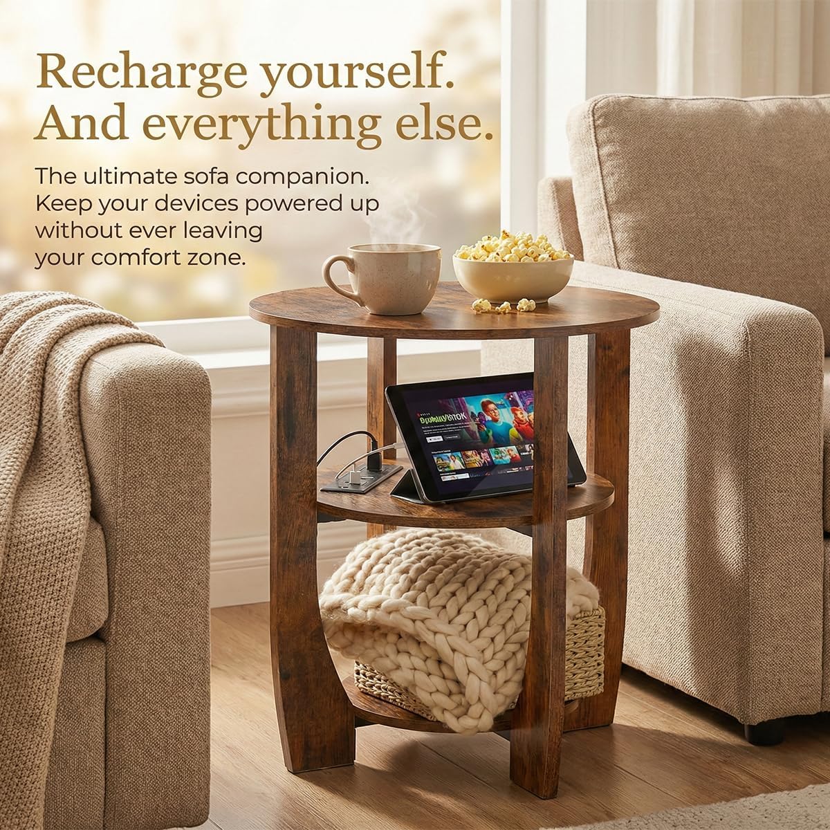 Round Side Table with Charging Station,3 Tier End Table with USB Ports & Outlets,19.7" Nightstand for Bedroom,Living Room,Small Spaces,Rustic Brown Wood Look Accent Table