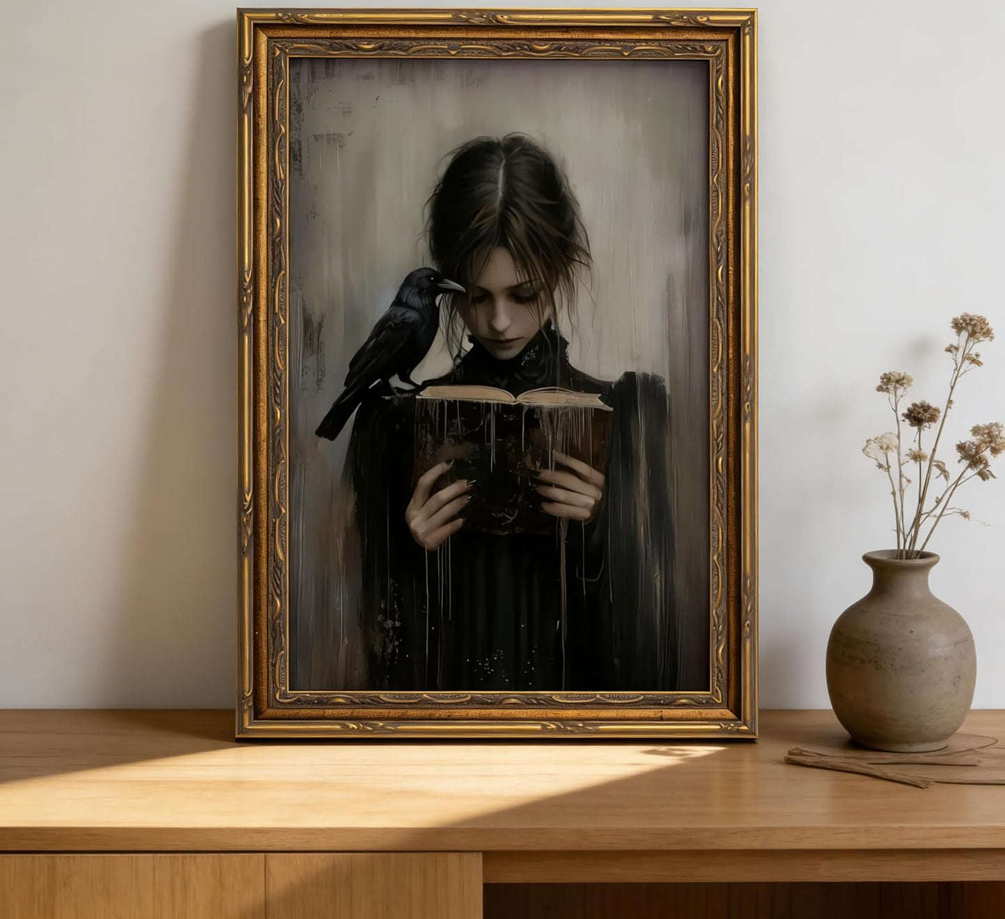 Vintage Gold Framed Girl Reading Book Canvas Wall Art Dark Academia Gothic Raven Painting Picture Wall Decor Retro Victorian Woman Poster Print Artwork for Living Room Bedroom Home Decoration