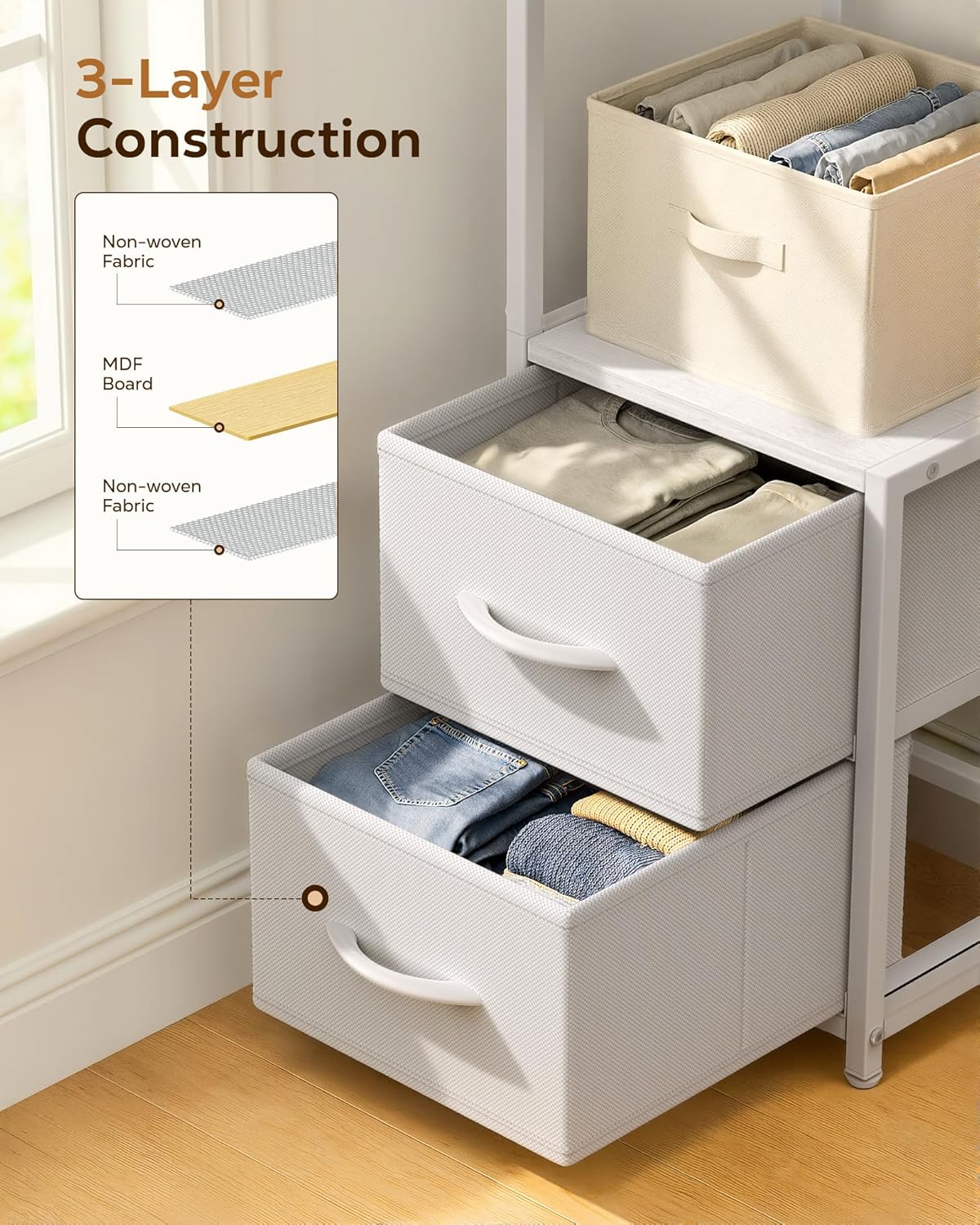 Housolution Corner Shelf Stand with Storage, 63.4'' Tall 6-Tier Corner Bookshelf Includes Fabric Drawers, Freestanding Corners Storage Shelf for Living Room Bedroom Kitchen Bathroom (White)