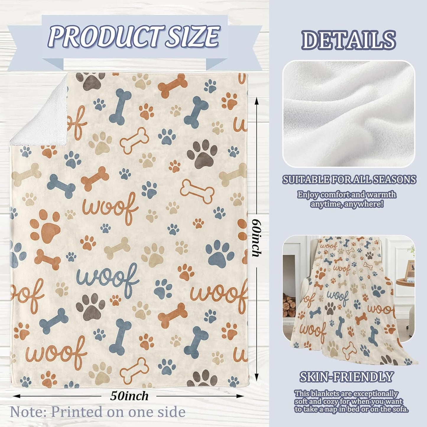Cute Dog Paw Prints and Bones Blanket, 60 x 50 Inch Flannel Throw Blanket, Gifts for Women Kids, Lightweight Cozy Warm Blankets for Sofa Travel Home Decor