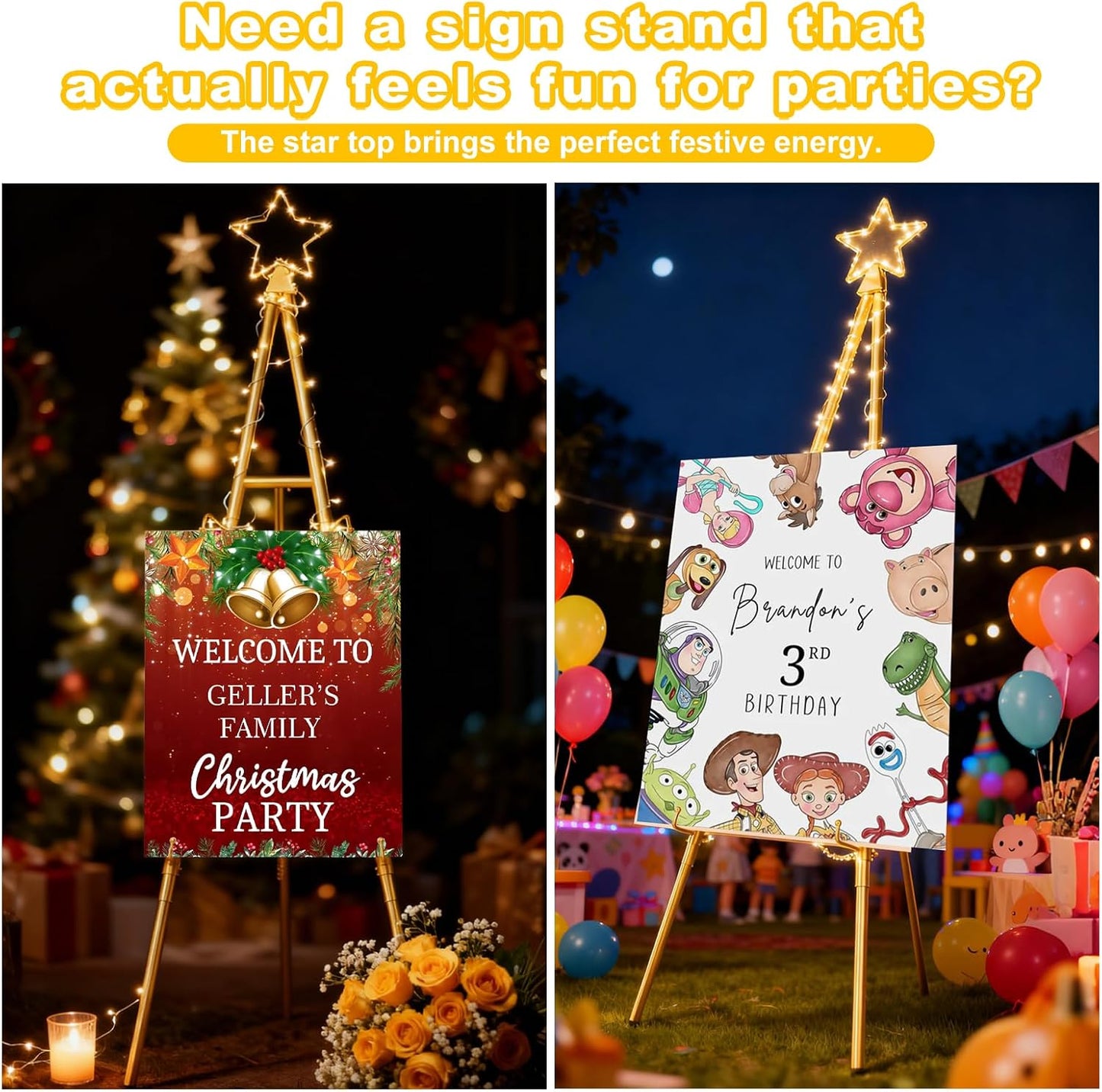 Interchangeable Bow & Star Top Gold Easel Stand for Sign, 62"–47" Height Adjustable Heavy Duty Wedding Easel Stand with 3 Display Modes — Perfect for Welcome Signs, Christmas Decor, Parties & Events