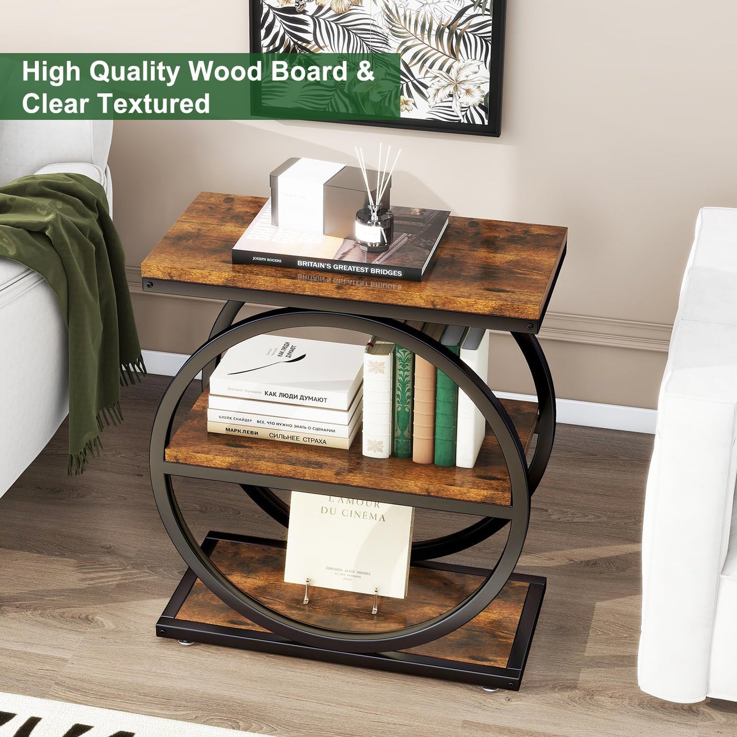IBUYKE Narrow End Table with 3 Storage Shelves, Industrial Sofa Side Table, Double Round Metal Frames, Slim Nightstand and Bedside Table for Bedroom, Living Room, Rustic Brown UTMJ418H