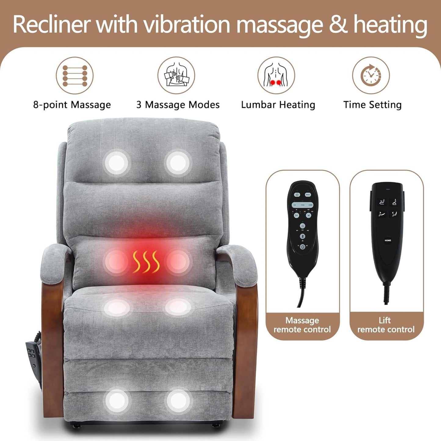 Oversized Power Lift Recliner Chair for Elderly, Dual Motor Electric Lift Chair Full Body Vibration Massage & Lumbar Heat, Solid Wood Armrests, Chenille Fabric Recliner Sofa with Lift Assist