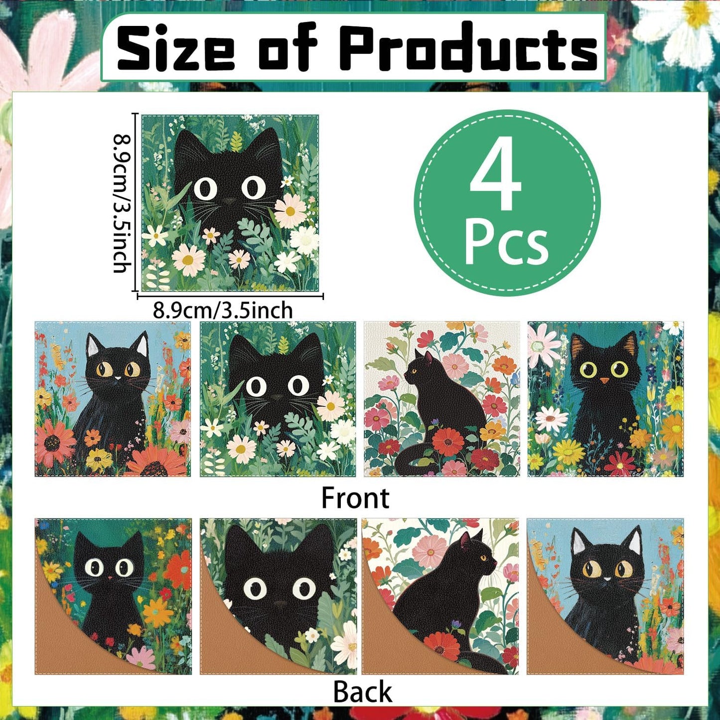 Black Cat Corner Bookmark - 4Pcs Black Cat Floral Leather Bookmark Animal Flower Plant Reading Book Page Markers for Women Men Book Lovers Reader Teacher Students Bookish Birthday Gifts
