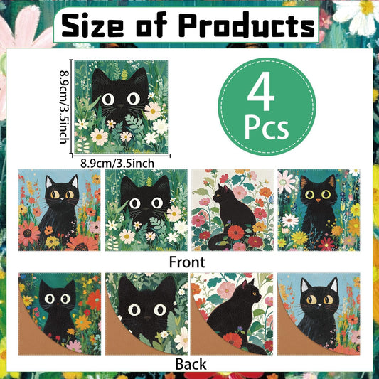 Black Cat Corner Bookmark - 4Pcs Black Cat Floral Leather Bookmark Animal Flower Plant Reading Book Page Markers for Women Men Book Lovers Reader Teacher Students Bookish Birthday Gifts