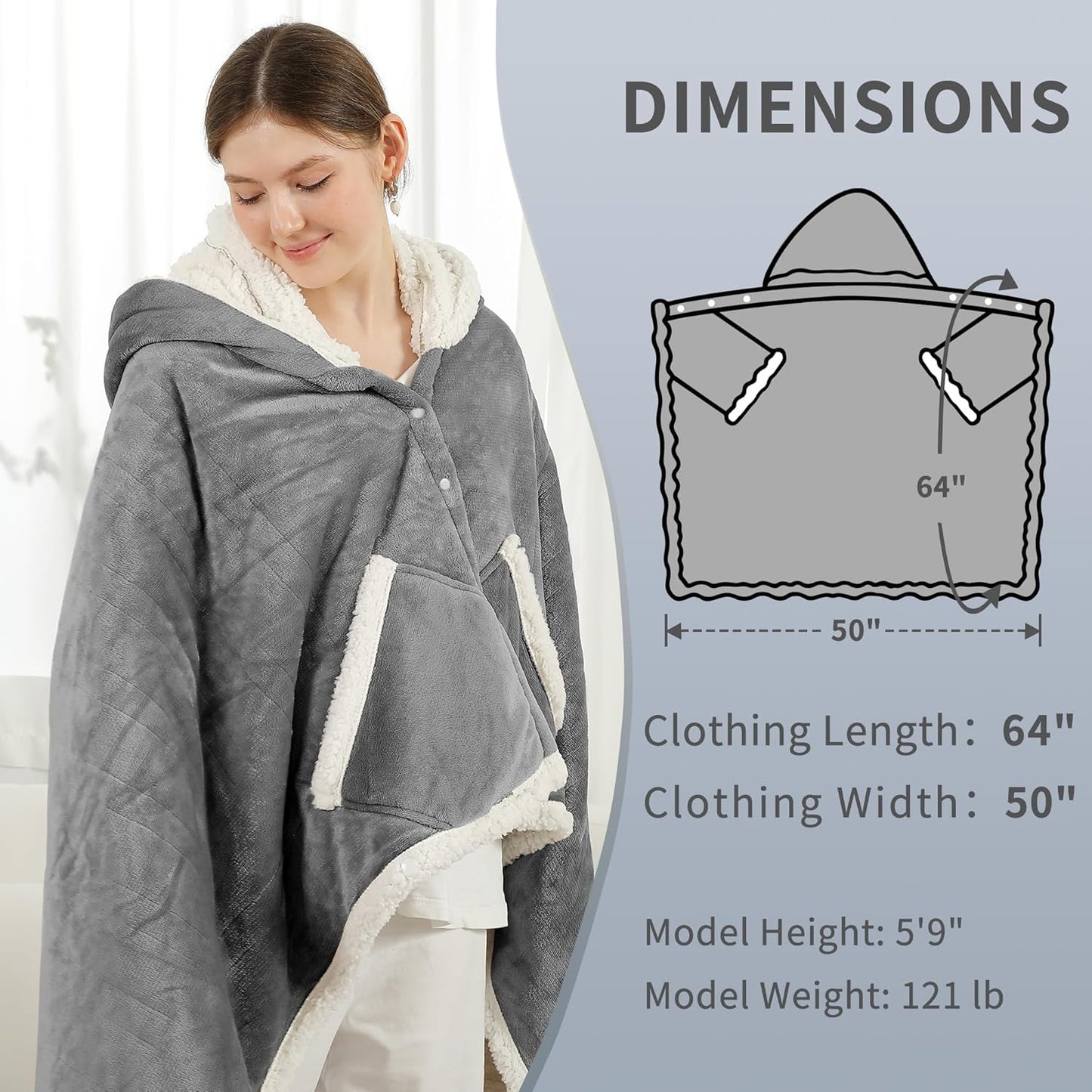 ESTINGO Wearable Heated Blanket Electric Throw, Heated Shawl with 6 Heating Levels and 1-4 Hours Auto Off, Heated Hoodie Women for Mom Women Seniors Grandma 50"×64" Light Grey