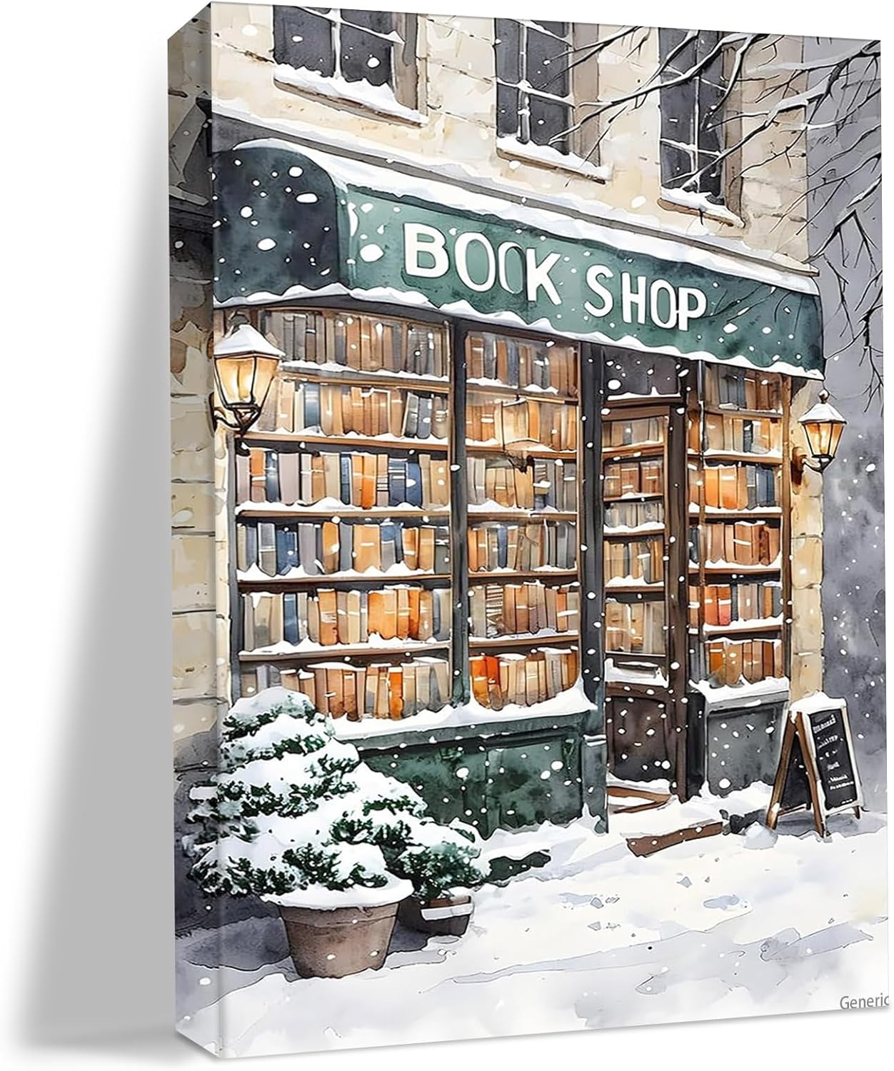 Bookstore Art Prints Winter Bookstore Aesthetic Library Wall Watercolor Poster Corner Painting Prints Corner Wall Decoration Snow Scene Library Canvas City Paintings 8x10inch Framed