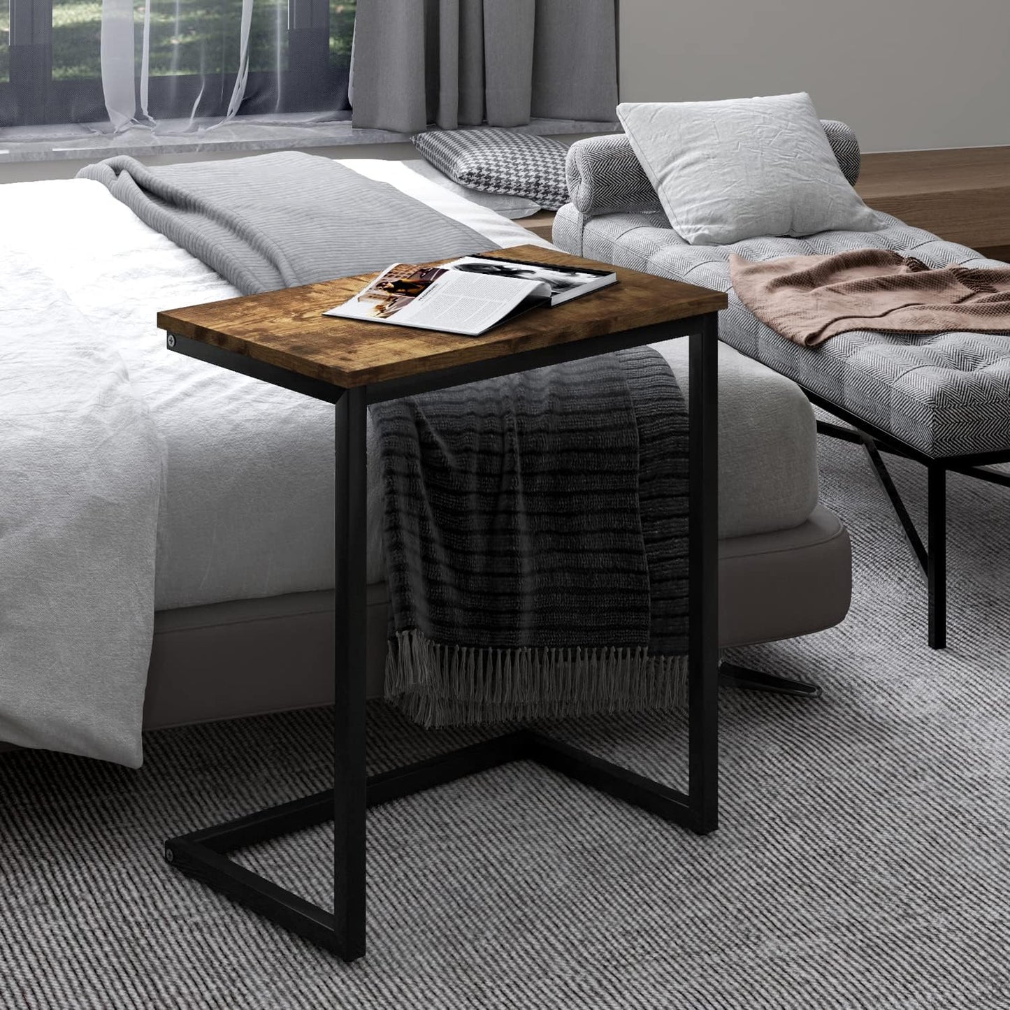 Sofa C Side End Table Wood Accent Couch Table Coffee Tray Snack Side Table Notebook Laptop Holder Over Bed Stand Reading Desk Rustic Brown Color 22x14x27 Space Saving for Living Room Bedroom