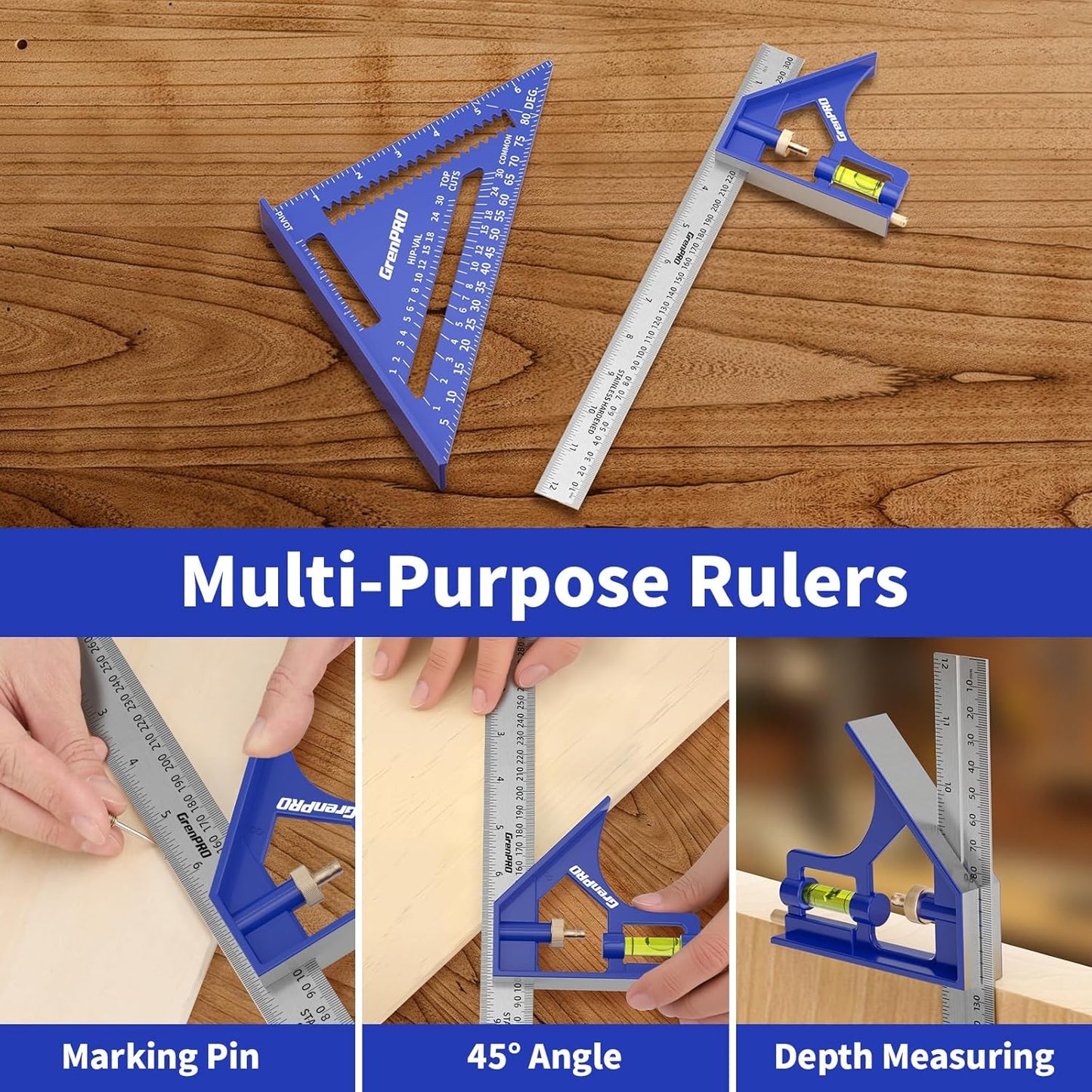 Combination Square Woodworking Ruler Tools, 7inch Carpenter Square Wood Working Tools and Accessories, 12inch Square Ruler, Includes 2-in-1 Carpentry Pencil, Protractor Angle Machinist Tool