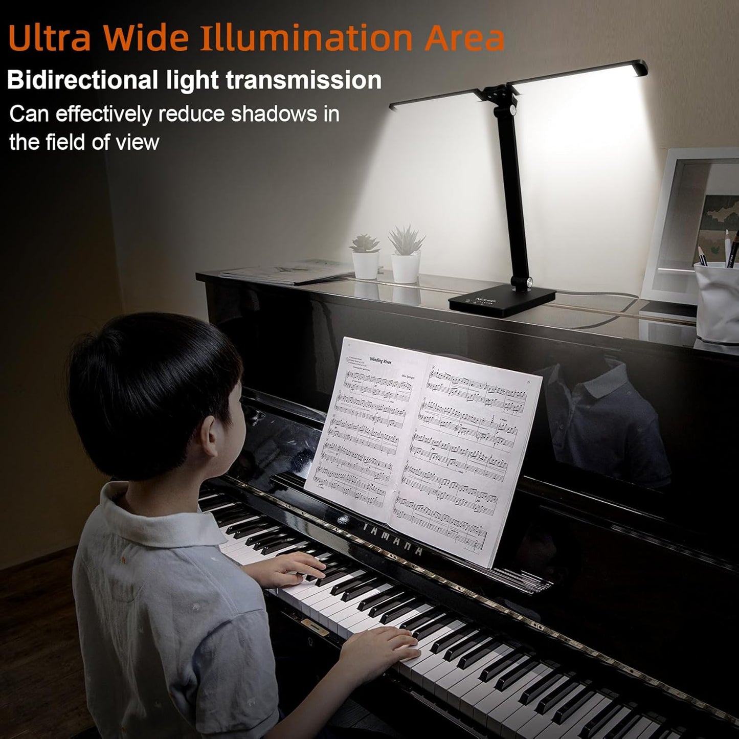 NUNET LED Desk Lamps for Home Office,Piano Lamp for Upright Piano,Rotatable Aluminum Desk Lamps with USB Charging Port,Eye-Caring Reading Light (Glossy Black)