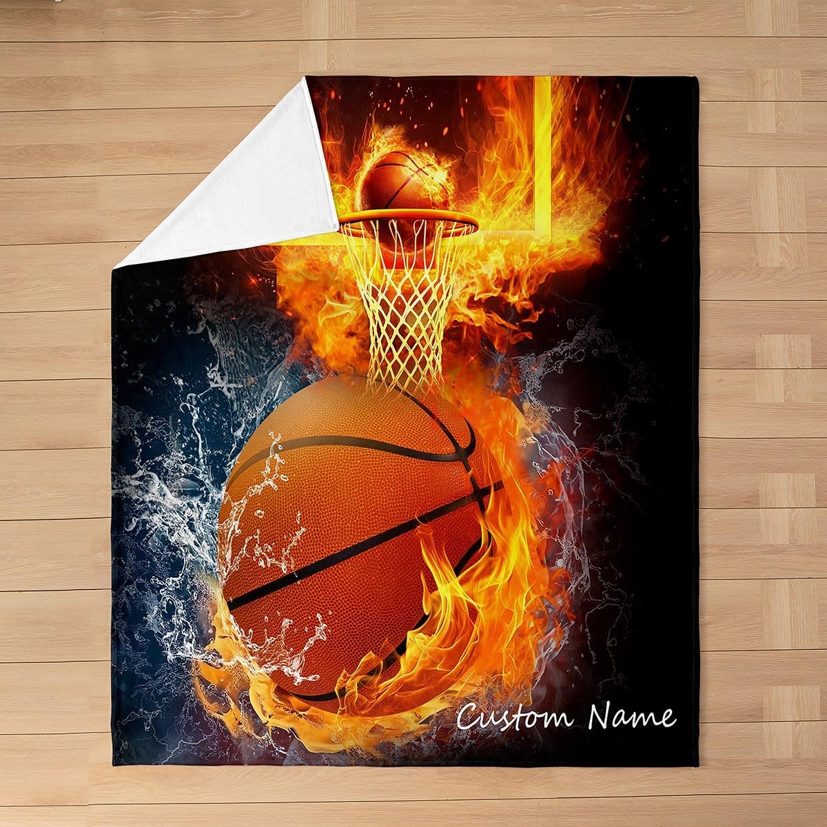 Erosebridal Basketball Blanket Throw with Custom Name,Basketball Throw Blanket for Boys,Ice Fire Red Frame Sports Fleece Blanket for Teens Youth,Fire Court Flannel Blanket Living Room Decor
