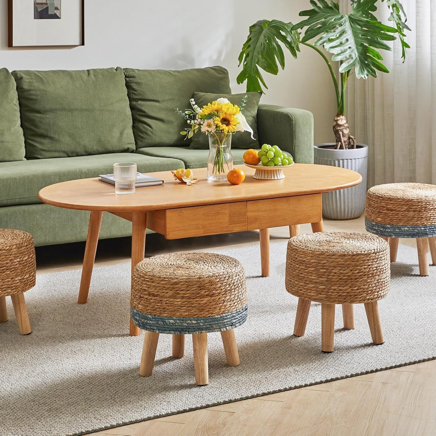 YMYNY Foot Stool Natural Seagrass Hand Weave, 12.6" Small Ottoman, Round Footrest for Living Room, Bedroom, Entryway, Change Shoes Stool, Non-Skid Wood Legs, Boho, Natural, UHBD027N