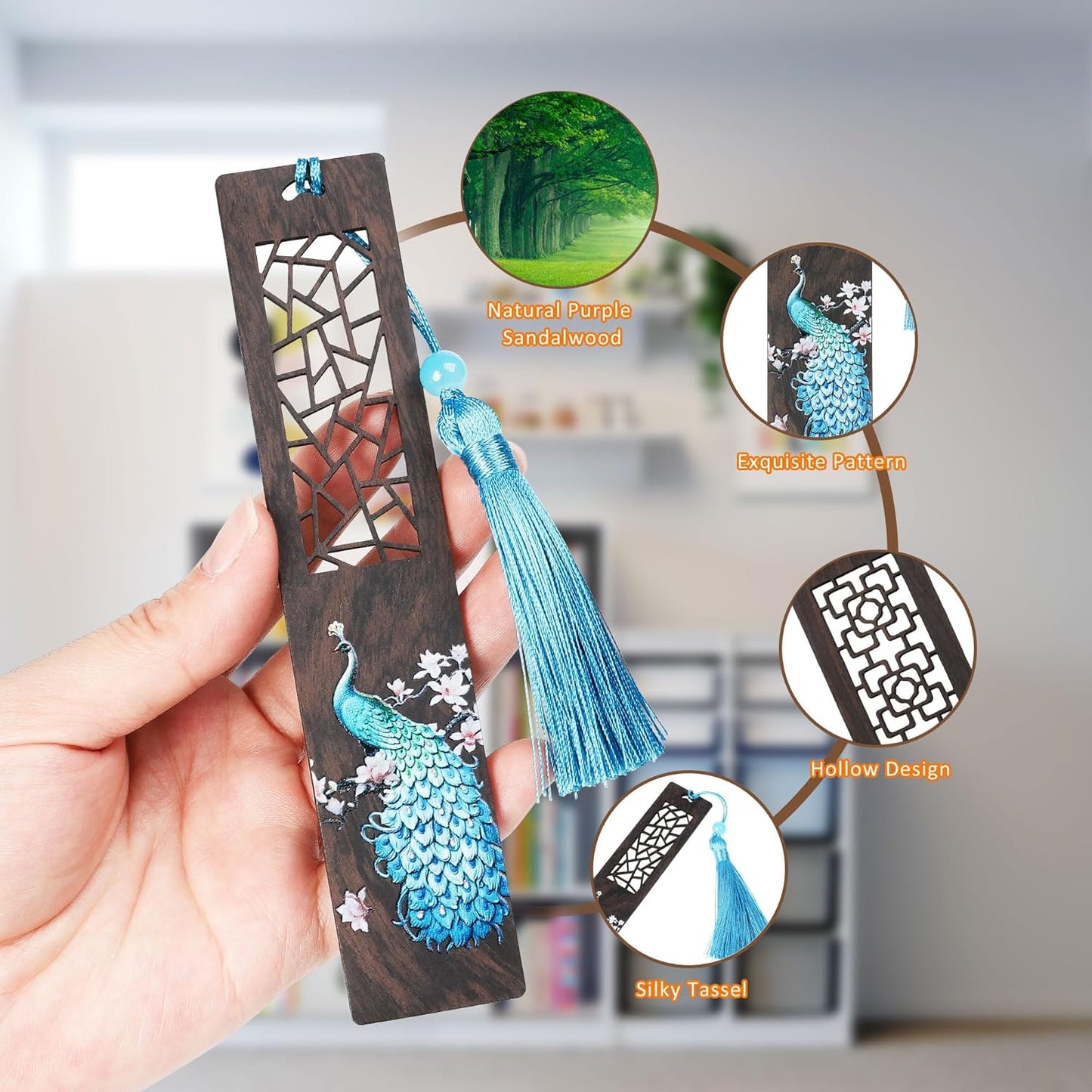 Handmade Wooden Bookmark, 2 Pieces Vintage Style Reading Book Markers with Pendant, Gift Box Set Ideal for Book Lover Librarian Readers Bookworm (Peacock)