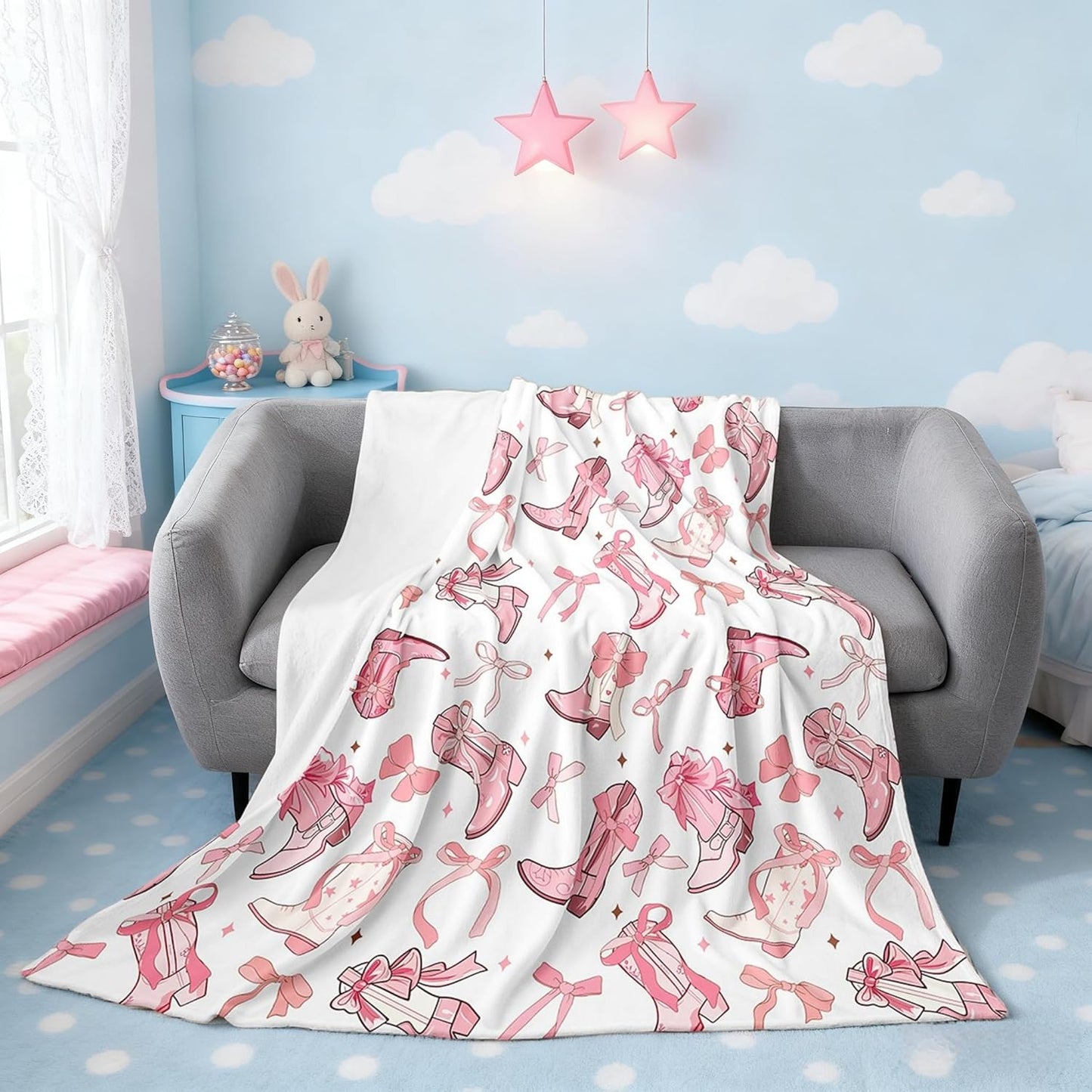 Cowgirl Bed Blanket,Western Cowboy Boots Pink Bowknots Flannel Blanket for Room Decor,Dreamy Fairy Tale Princess Starry Pink White Fleece Blanket for Kids,Super Soft Blanket,Throw 50"x60"