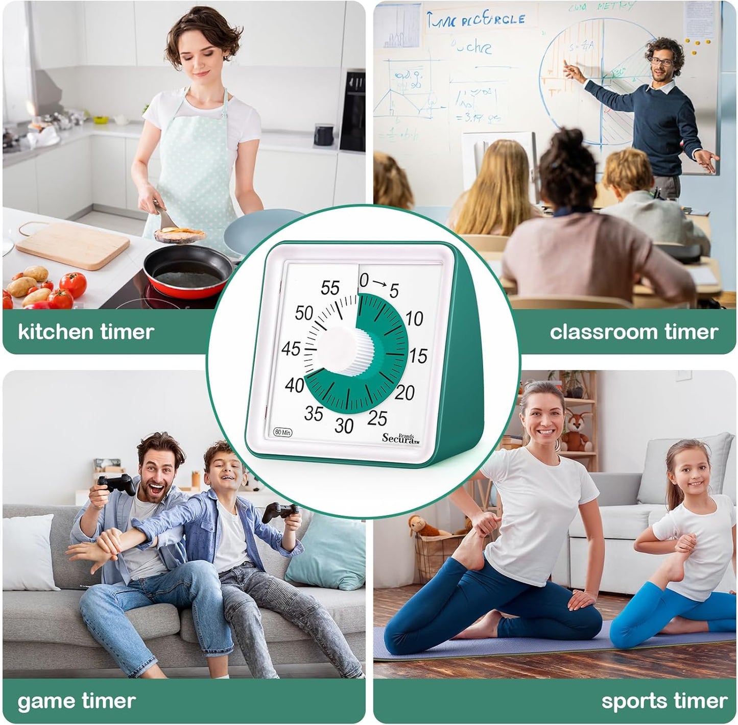 Secura 60 Minute Essential Visual Timer for Kids, Countdown Clock Timer for Special Education, Classroom, School, Desk, Home, Office, Silent Non-Ticking Time Management Tool (Dark Green & Dark Green)
