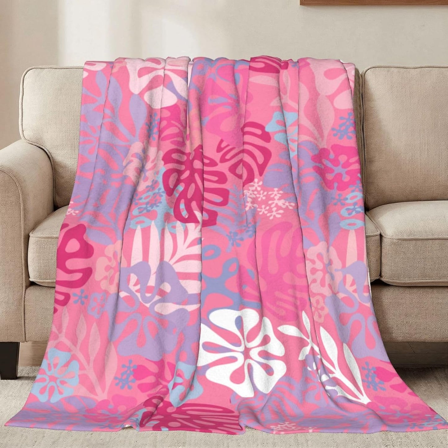 Hawaii Flowers Pink Throw Blankets All Season Ultra Soft Warm Tropical Aloha Pattern Fleece Blanket for Home Bed Sofa Couch Chair Outdoor Travel Camping 80x60 Inch