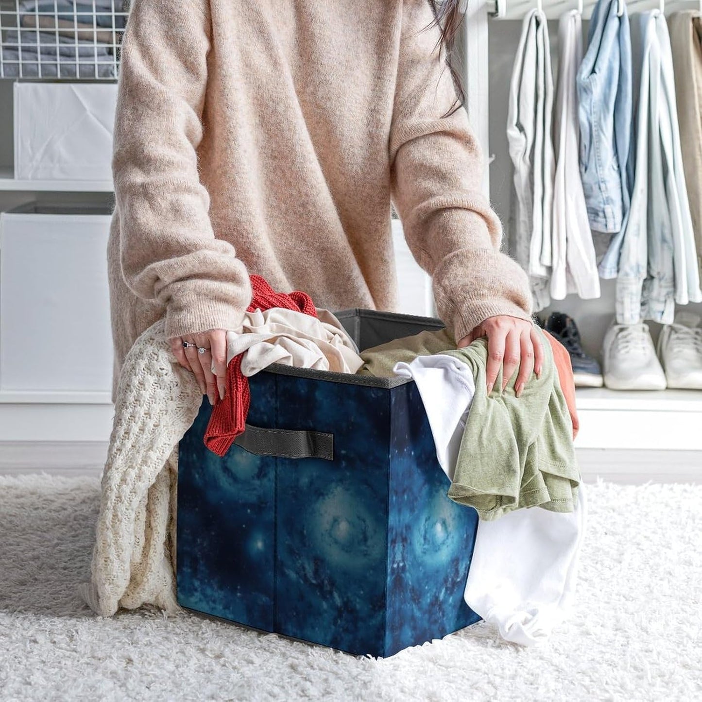 Blue Universe Space Galaxy Storage Bins with Handles Fashion Large Storage Cubes Sturdy Foldable Storage Boxes Space-Saving Storage Baskets for Home Office Clothes Closet Organizers