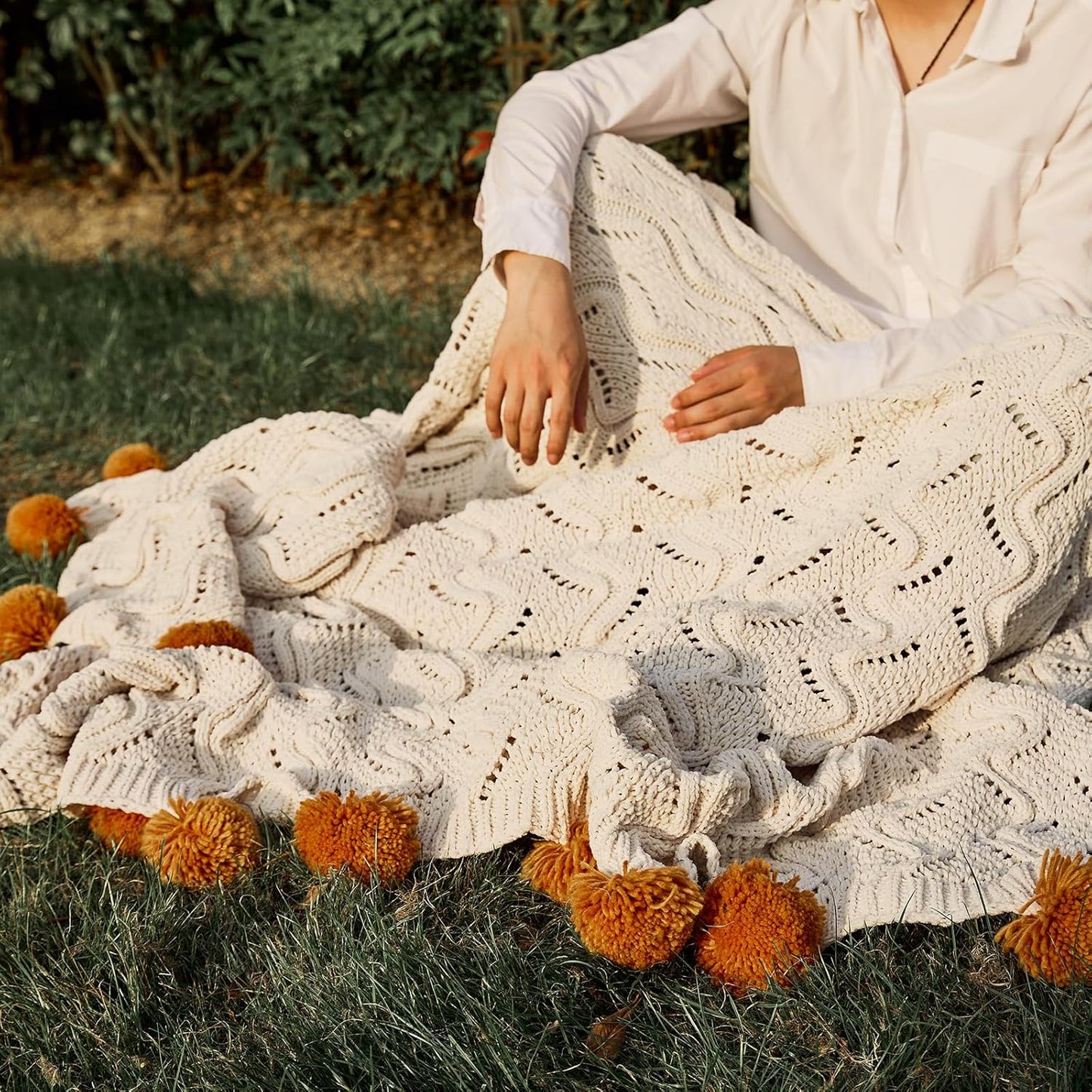 vctops Boho Chenille Knitted Throw Blanket for Couch Cute Pompom Soft Cozy Bed Blankets Decorative and Giftable Striped Blanket for Women, Men (Beige,51"x63")