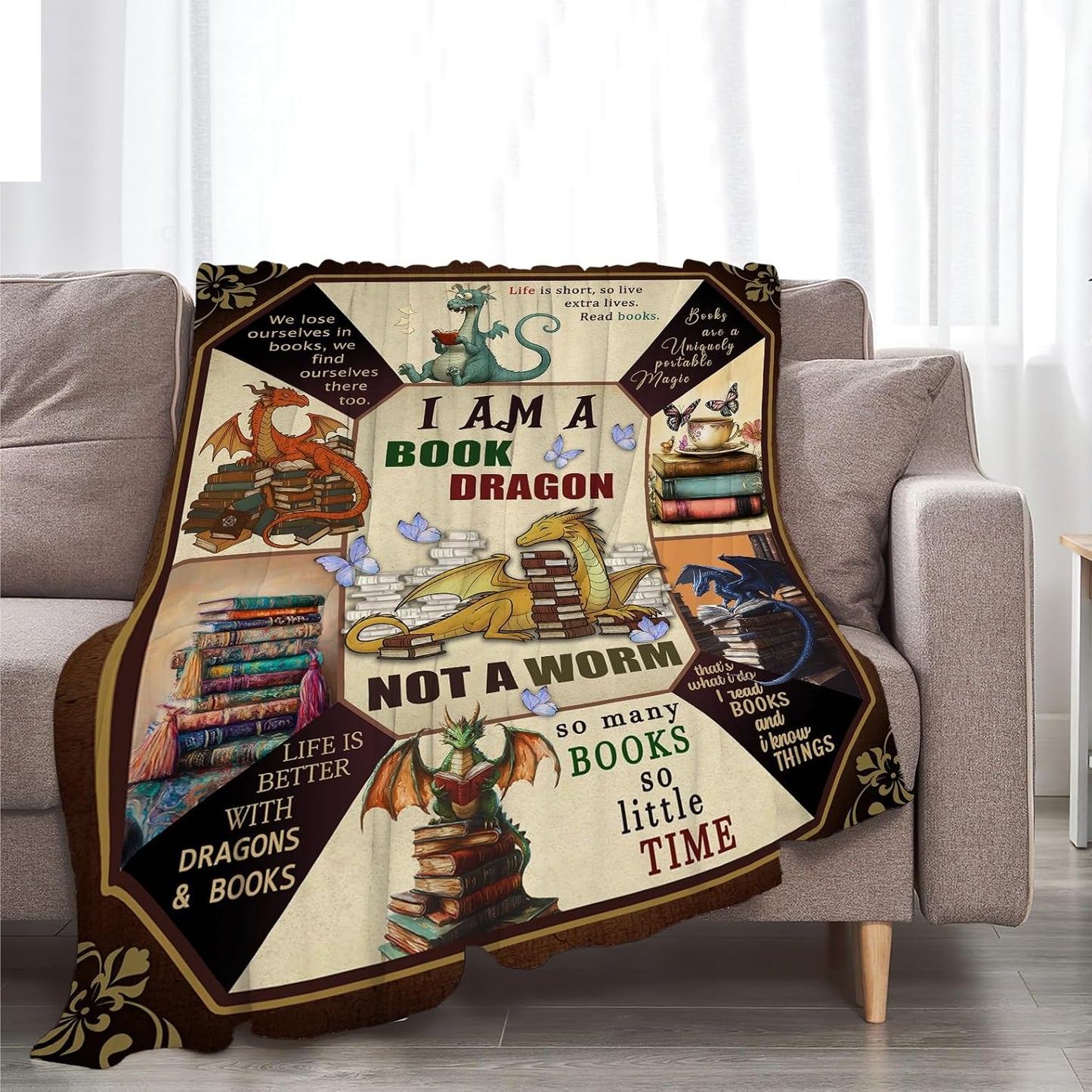 Dragon Blanket Dragon Reading Decor Throw Blanket Super Soft Flannel Lightweight Fluffy Plush Cozy Fuzzy Fleece Blanket Gifts for Book Lover Boys Woman Man Kids Adults for Bed Sofa 40"X50"
