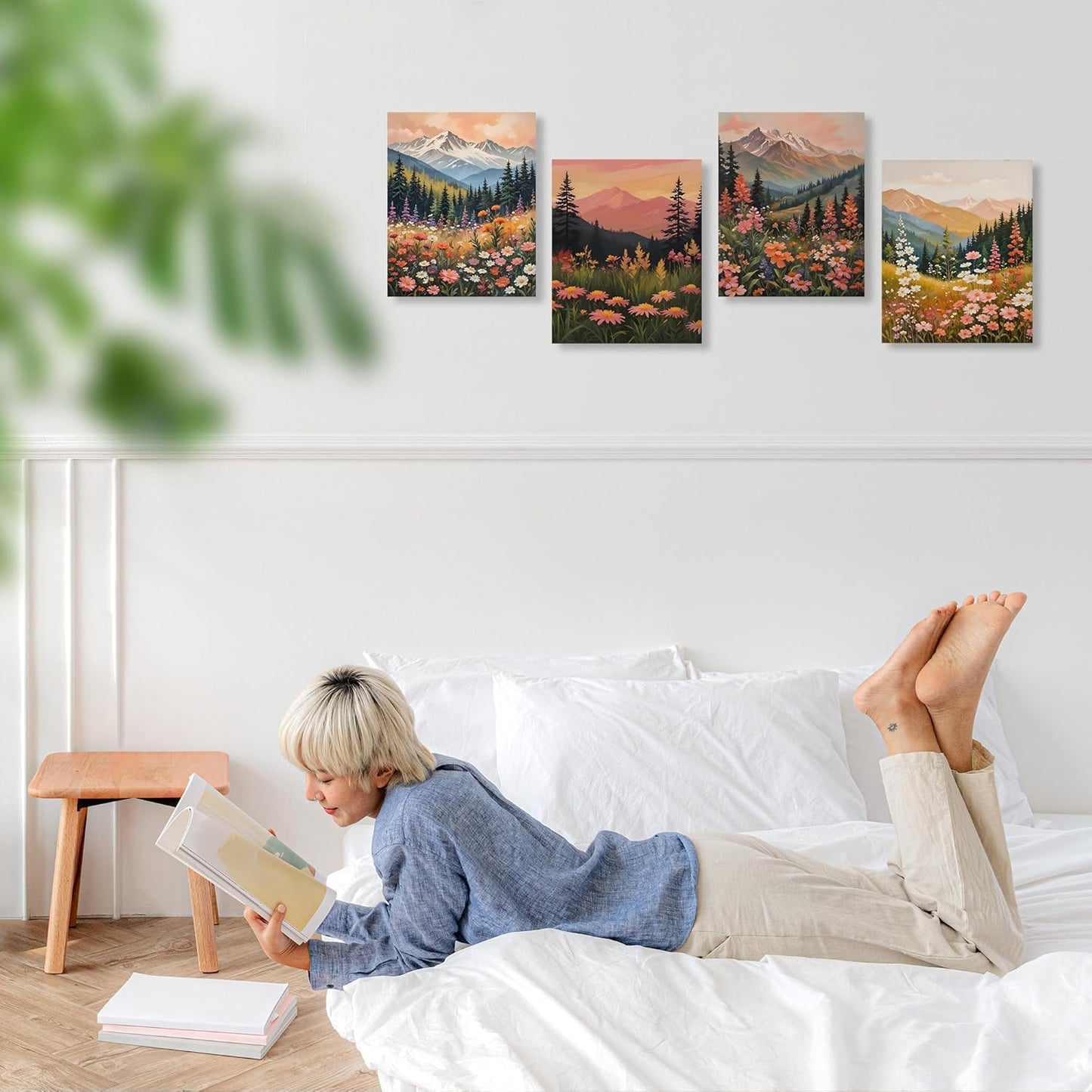 LUKIPOM Boho Maximalist Mountain Floral Wall Art Posters Set of 4, Colorful Wildflower Field Mountain Landscape Canvas Prints Artwork Wall Decor for Bedroom Home Office, 8x10 Unframed