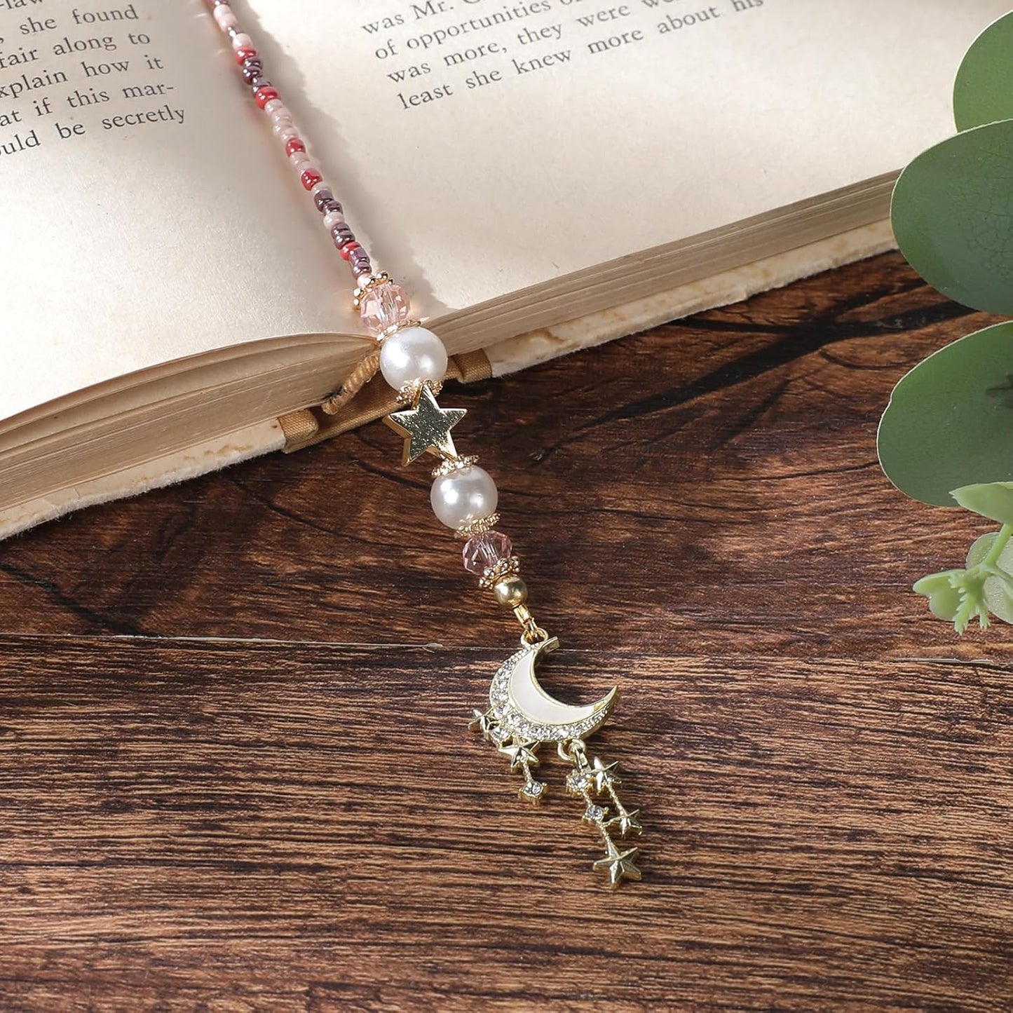 Moon Star Beaded Bookmark - Fantasy Crystal Bead Gold Chain Fantasy Bookmark, Reading Book Accessories for Men Women, Bookish Gift for Book Lovers, Students and Teachers