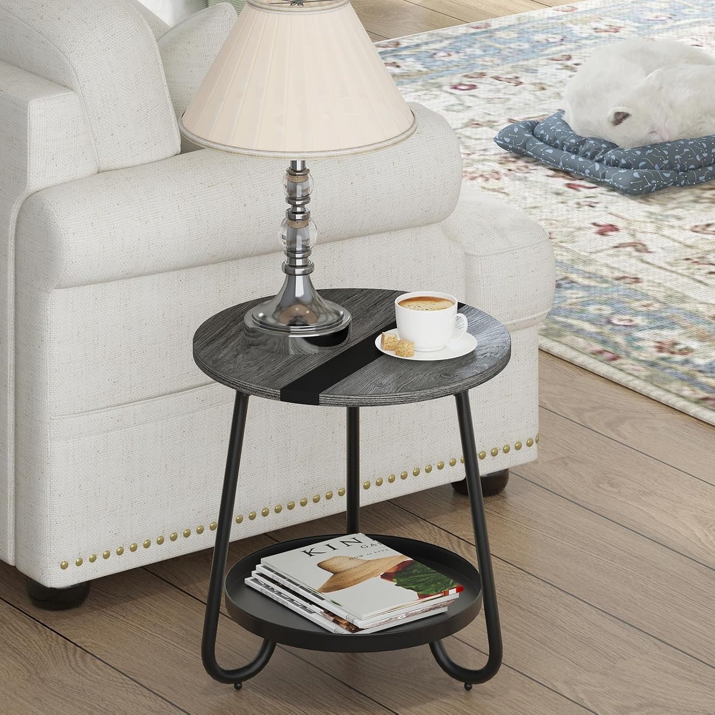 2 Tier Coffee Table in Living Room, Industrial Style Round Coffee Table with Metal Tray, Wood Small Outdoor Coffee Table for Bedroom Balcony Patio, Gray