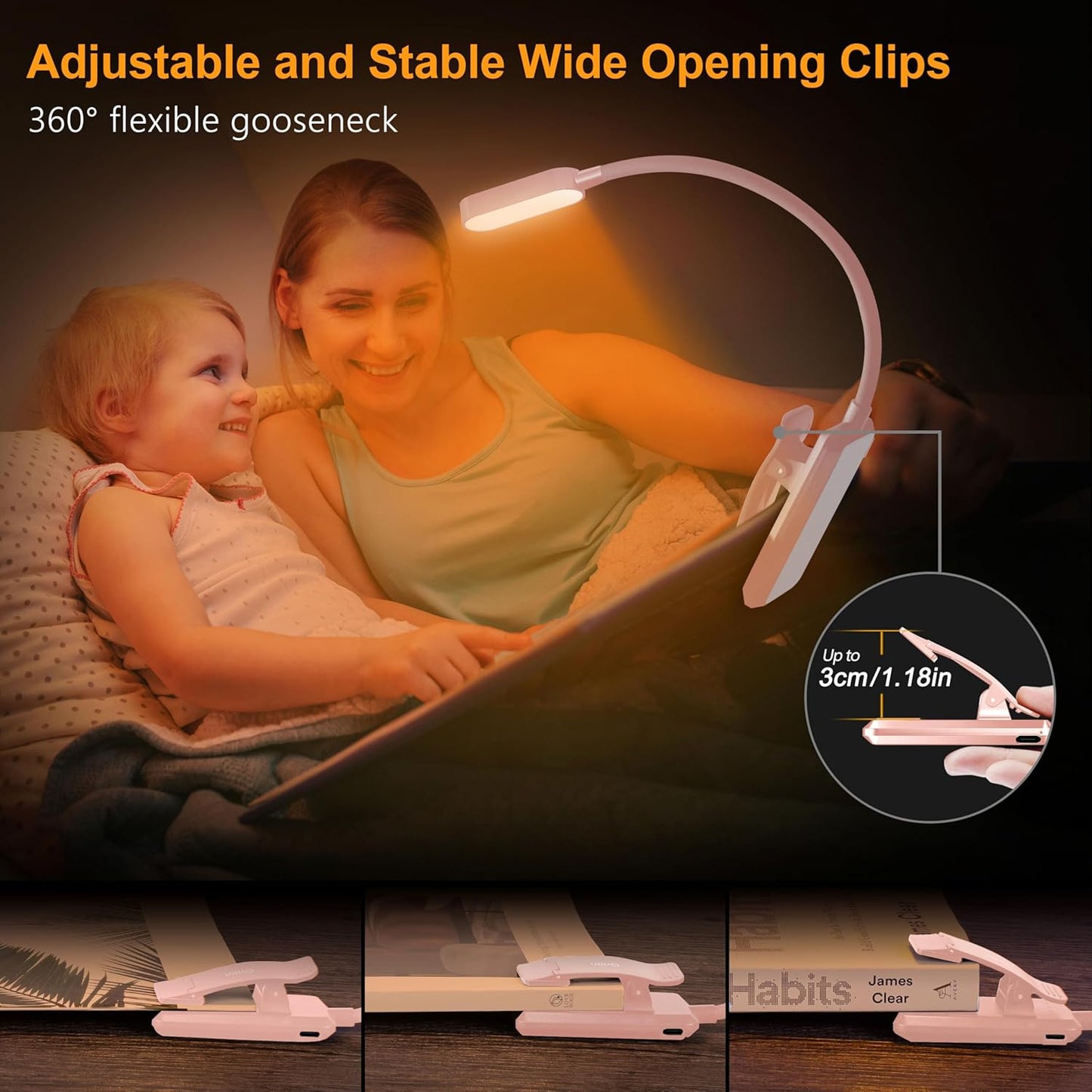 Gritin 16 LED Rechargeable Book Light for Reading in Bed- Eye Caring 3 Color Temperatures, Stepless Dimming Brightness, 80 Hrs Runtime, Lightweight Flexible Clip on Light for Book Lovers-Pink