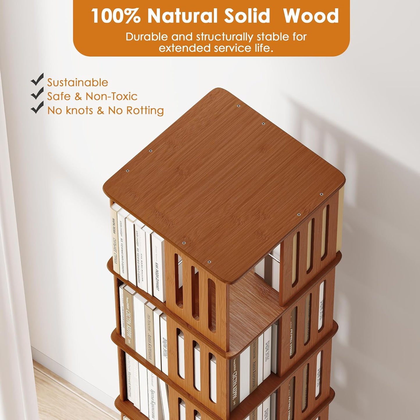 Rotating Bookshelf Tower 6 Tier 360° Bamboo Spinning Bookcase Tall Square Revolving Book Shelf Floor Standing Vertical Space-Saving Storage for Kids Rooms Living Room Bedroom Office - Walnut