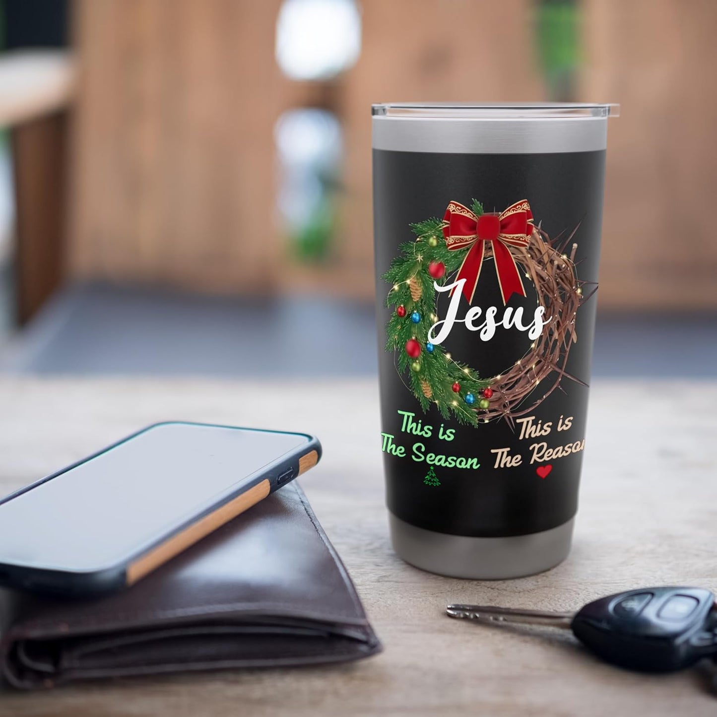 Jesus is the Reason for the Season Christian Xmas Wreath Stainless Steel Insulated Tumbler