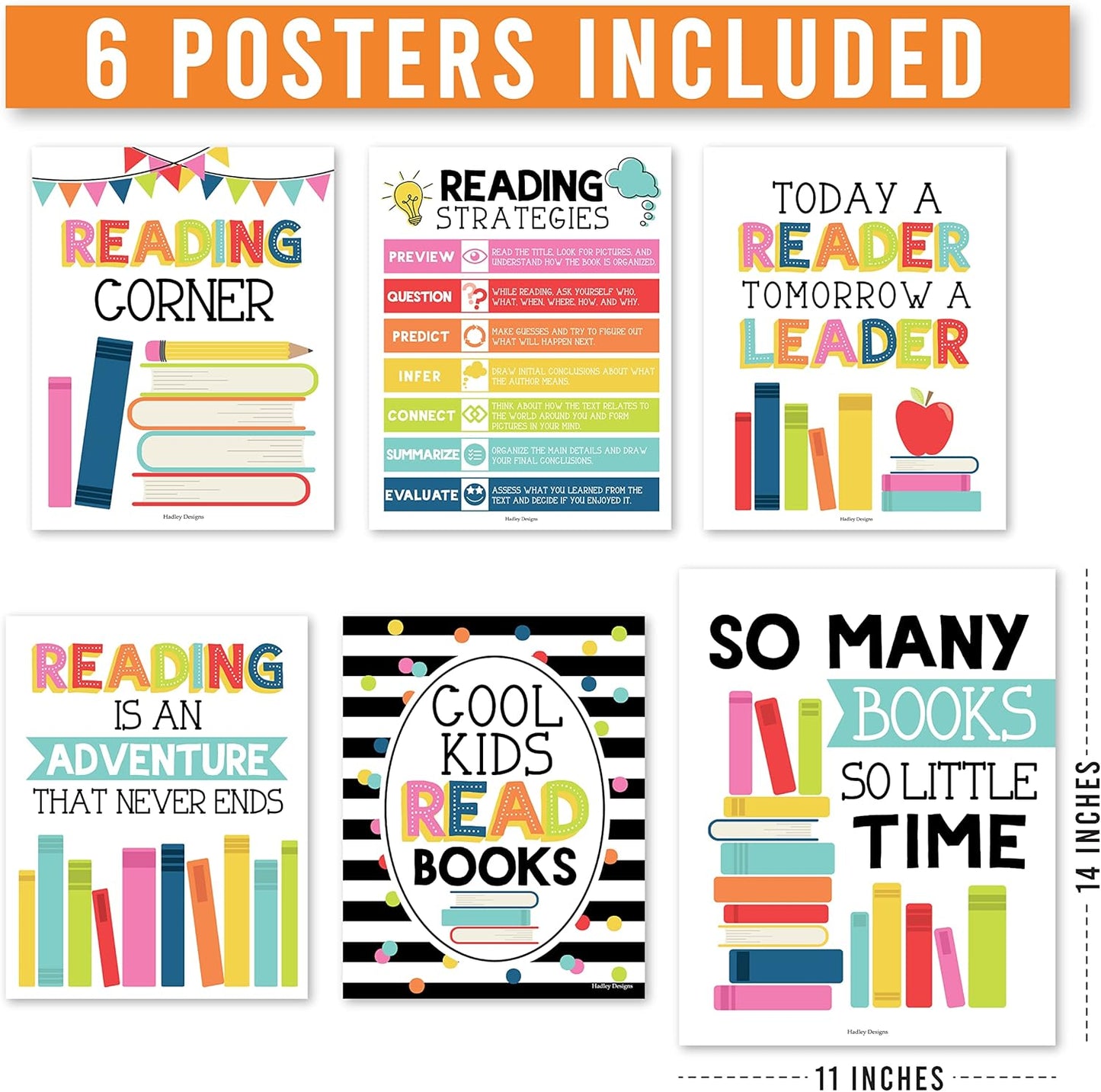 Hadley Designs Motivational Reading Posters for Classroom Elementary –6 Reading Strategies Posters for Classroom Library Decor, Read Corner School Library Poster, Colorful Bulletin Board Decorations