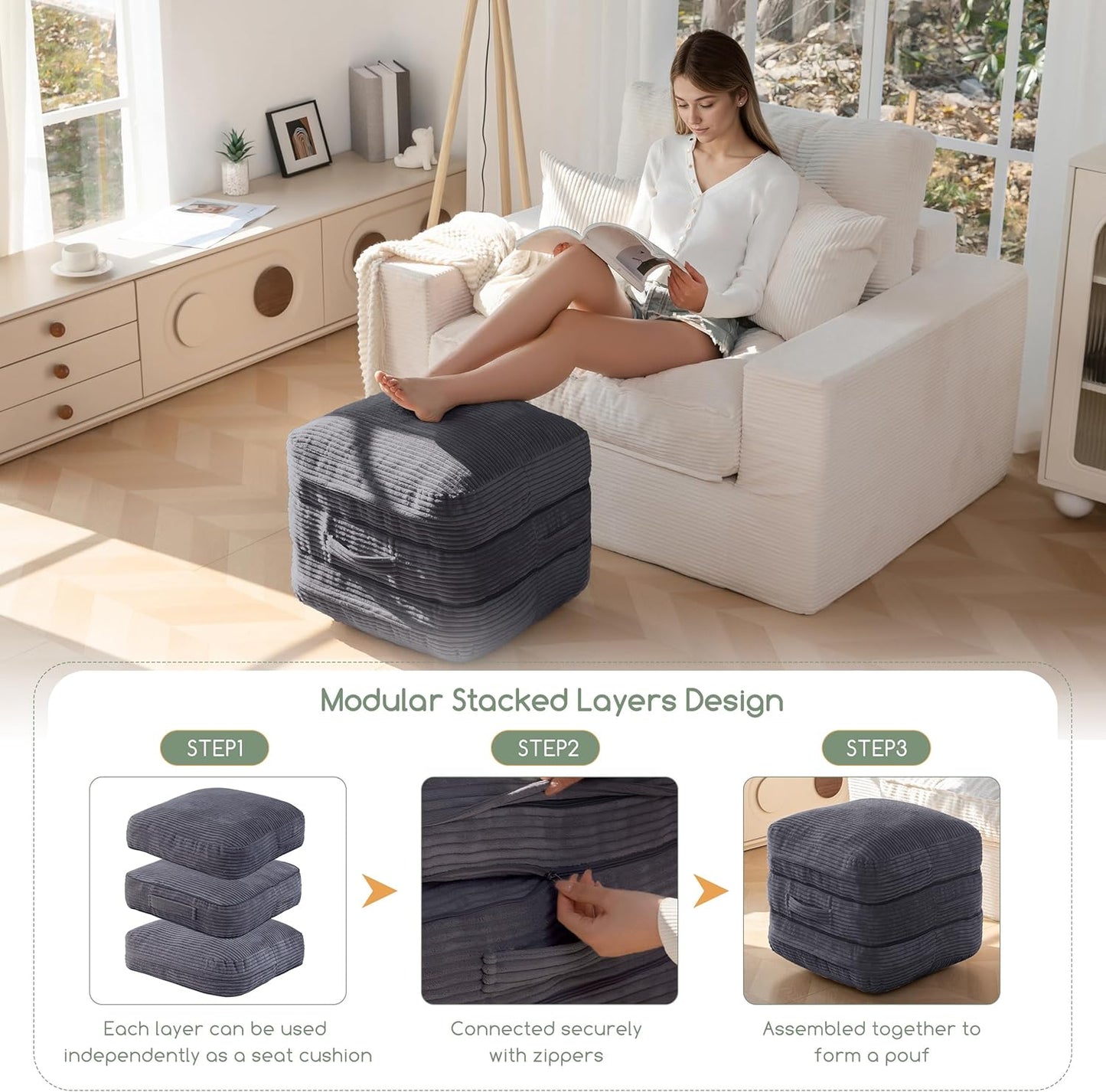 HIGOGOGO Pouf Ottoman Stuffed Square Modern Foam Filled Foot Rest Poufs 20 X 18 Inches Modular Ottomans Separated Into Floor Cushions for Living Room Chair Decorative Stool, Dark Grey