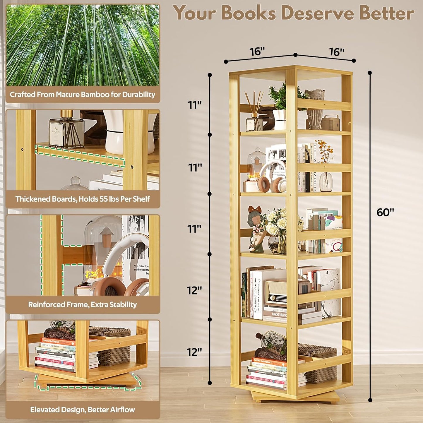 Homykic Rotating Bookshelf, Bamboo 360 Display Spinning Bookshelf Tower, 5-Tier Small Corner Bookcase for Small Spaces, Narrow Revolving Book Shelf Organizer Rack for Home Office, Natural
