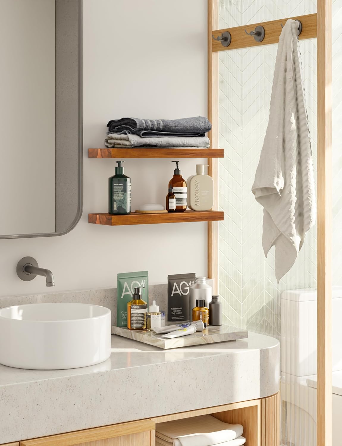 BATODA Set of 2 17" Acacia Wood Floating Shelves Wall Mounted – Rustic Farmhouse Wooden Wall Storage Shelf for Bedroom, Kitchen, Home Décor - Brackets and Shelving Mounting Hardware Included