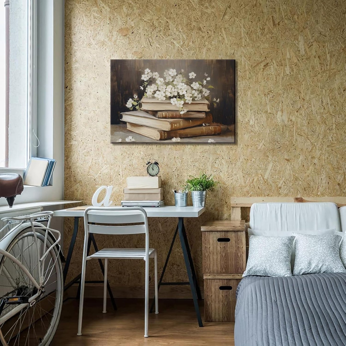 Vintage Flower Books Wall Art Rustic Antique Floral Still Life Painting Prints Light Academia Aesthetic Gallery Posters Pictures Spring Minimalist Botanical Moody Library Canvas Wall Decor Framed