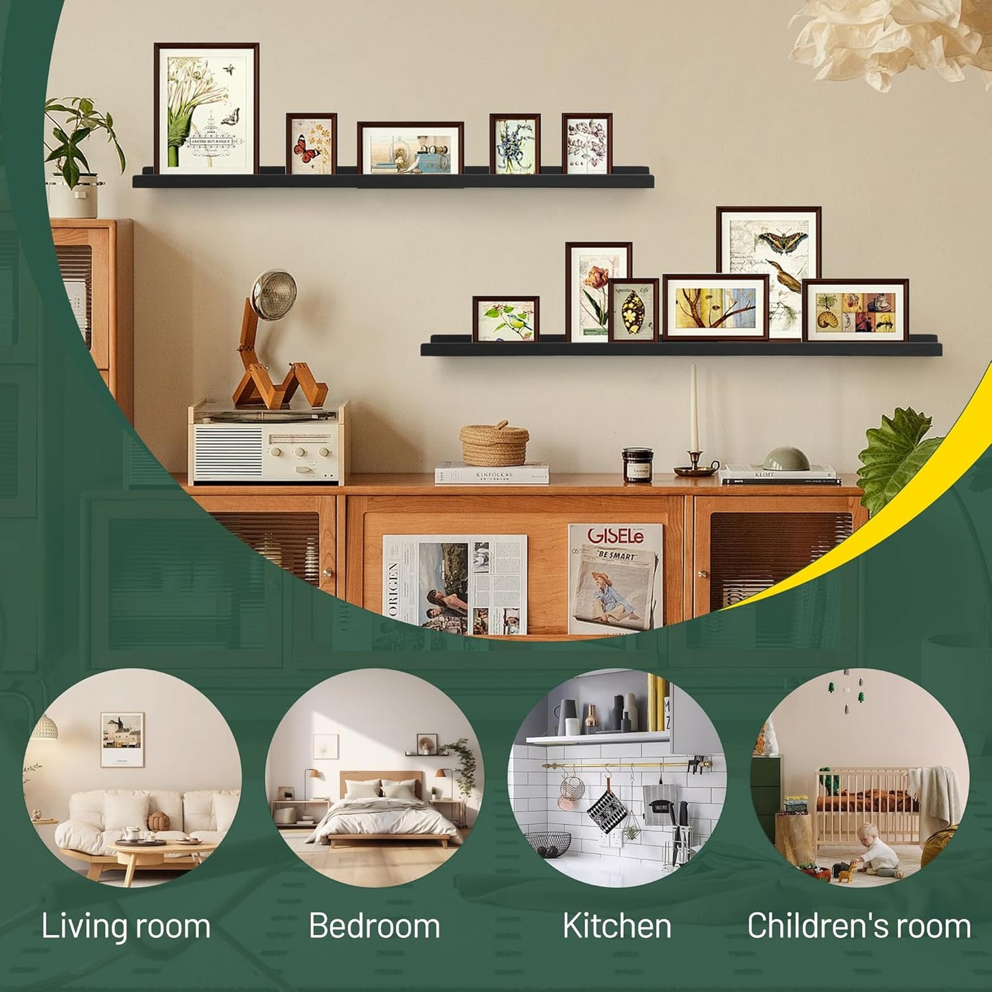 Picture Shelves for Wall,Long Floating Ledge Set of 4,Narrow Large Wood Rustic Photo Frames Vinyl Record Storage Display Nursery Kids Bookshelf Decor for Living Room Bedroom Kitchen,36'',Black