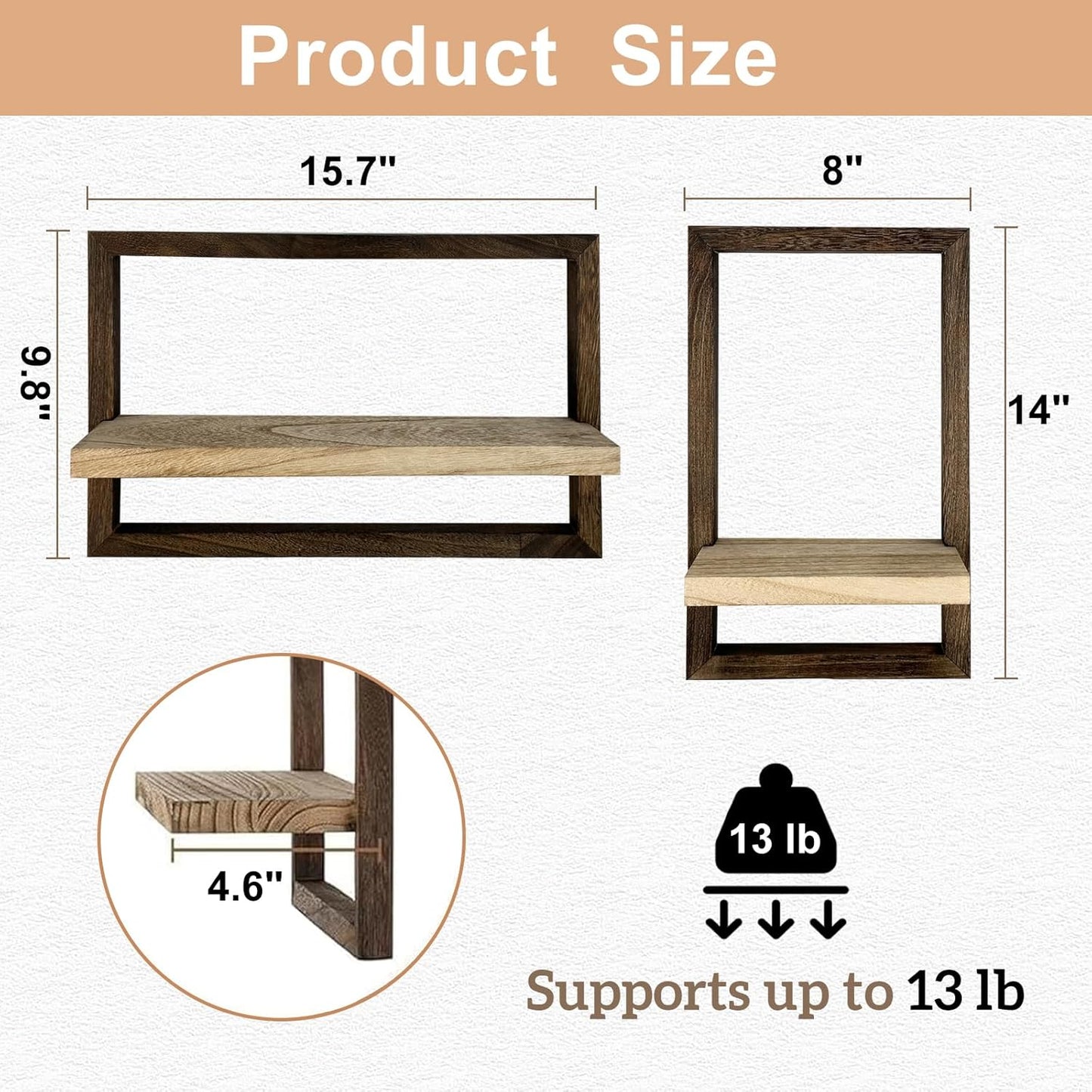 moonysweet Bathroom Floating Shelves for Wall Mounted Farmhouse Home Decor Display Bookshelf SmallSet of 2, Rustic Brown Living Room, Bathroom Kitchen Bedroom