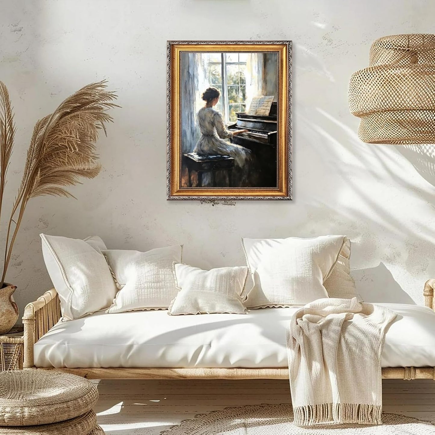 Large Framed Woman Playing Piano by the Window Canvas Wall Art Vintage Elegant Lady Oil Painting Poster Classical Music Artwork Print Impressionist Cottage Decor for Bedroom Home 24x36inch