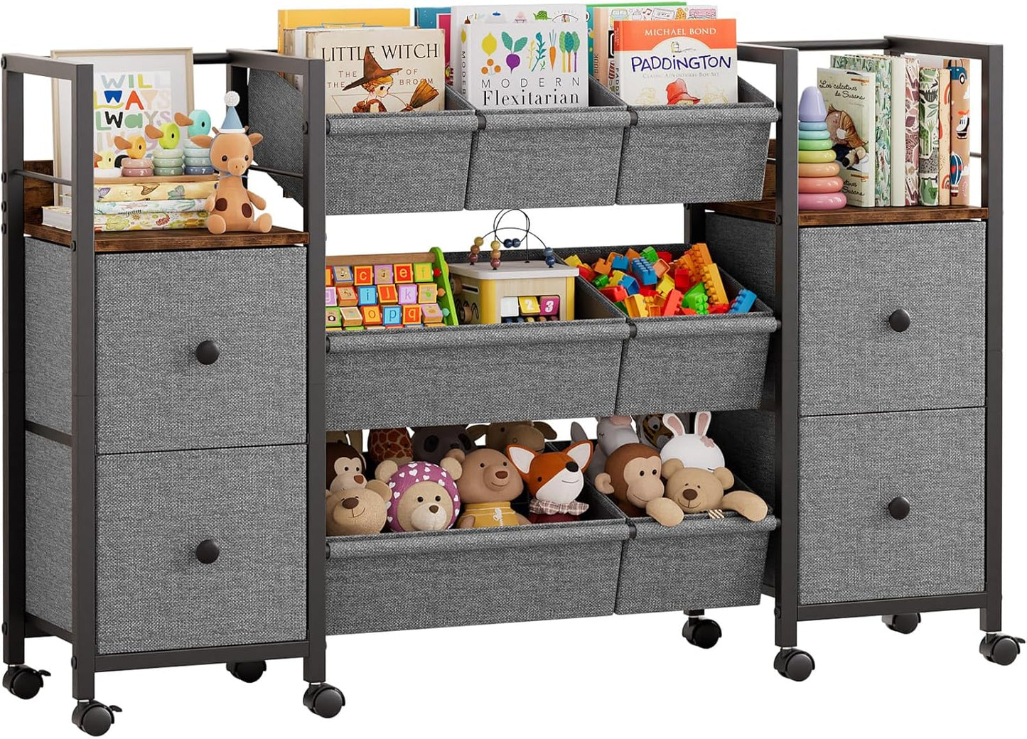 Kids Toy Organizers and Storage Bins - 7 Storage Bins + 4 Fabric Drawers + 2 Bookshelf, Playroom Storage, Mobile Cart Organizer for Toy, Clothes, Blankets and Books (Black)