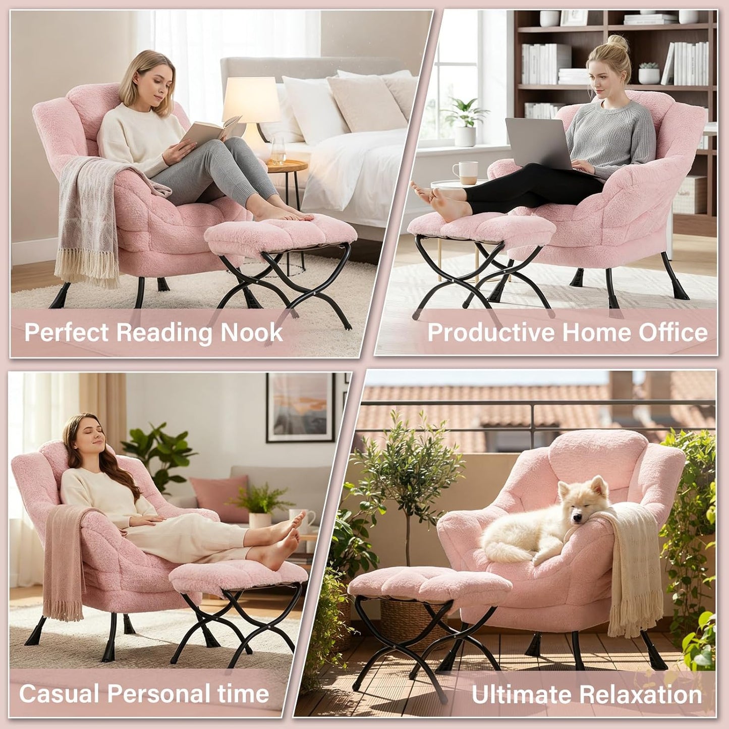 Lazy Chair and Ottoman, Large Contemporary Plush Pink Accent Chair with Side Pocket, Modern Leisure Upholstered Reading Armchair with Footrest for Office, Bedroom, Living Room, Dorm, Balcony