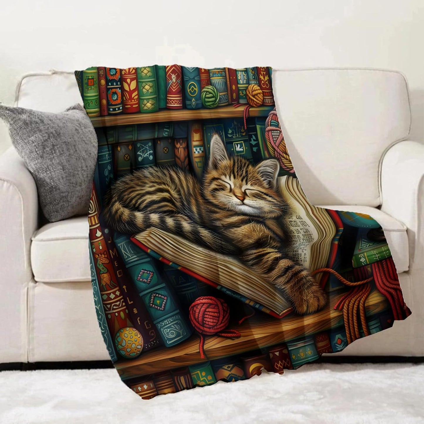 Tabby Cat in Bookshelf Throw Blanket for Adults Kids, 50x60 in, Kitten Theme Flannel Blankets for Bedroom, Couch, Travel, Home Decor, Fuzzy Soft Cozy Warm Gifts