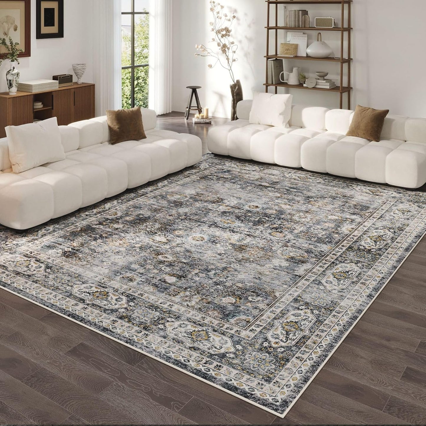 Rugcomf Area Rug 5x7 Washable Rug Boho Soft Non-Slip Non-Shedding Faux Wool Vintage for Living Room, Bedroom Rug, Farmhouse, Dining Room, Indoor, Kids Playroom (Grey)