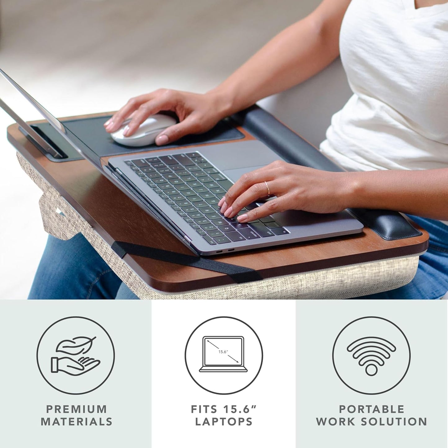 ROSSIE HOME Premium Acacia Wood Lap Desk with Wrist Rest, Mouse Pad, and Phone Holder - Fits up to 15.6 Inch Laptops - Java - Style No. 91712