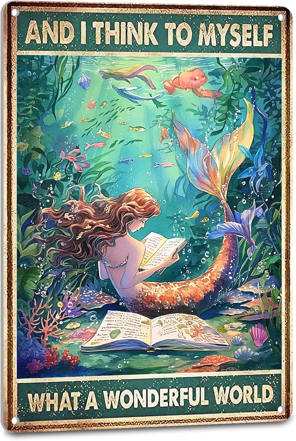 Mermaid Decor Poster Inspirational Wall Art for Teen Girls Bedroom Decor Aesthetic - What A Wonderful World, Tin Signs for Women 8X12 Inches